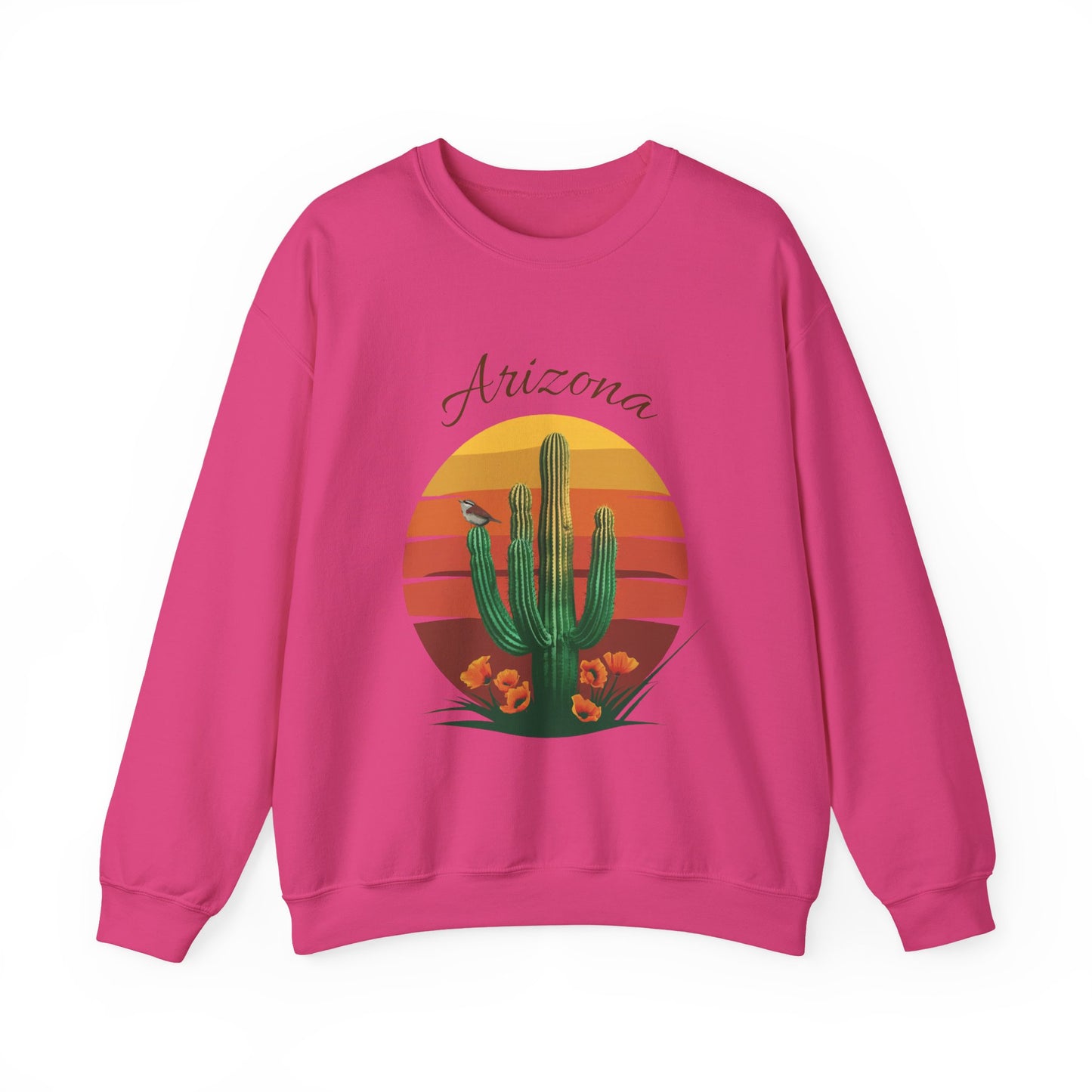Crewneck Sweatshirt with Saguaro, Arizona Poppy, and Cactus Wren Design