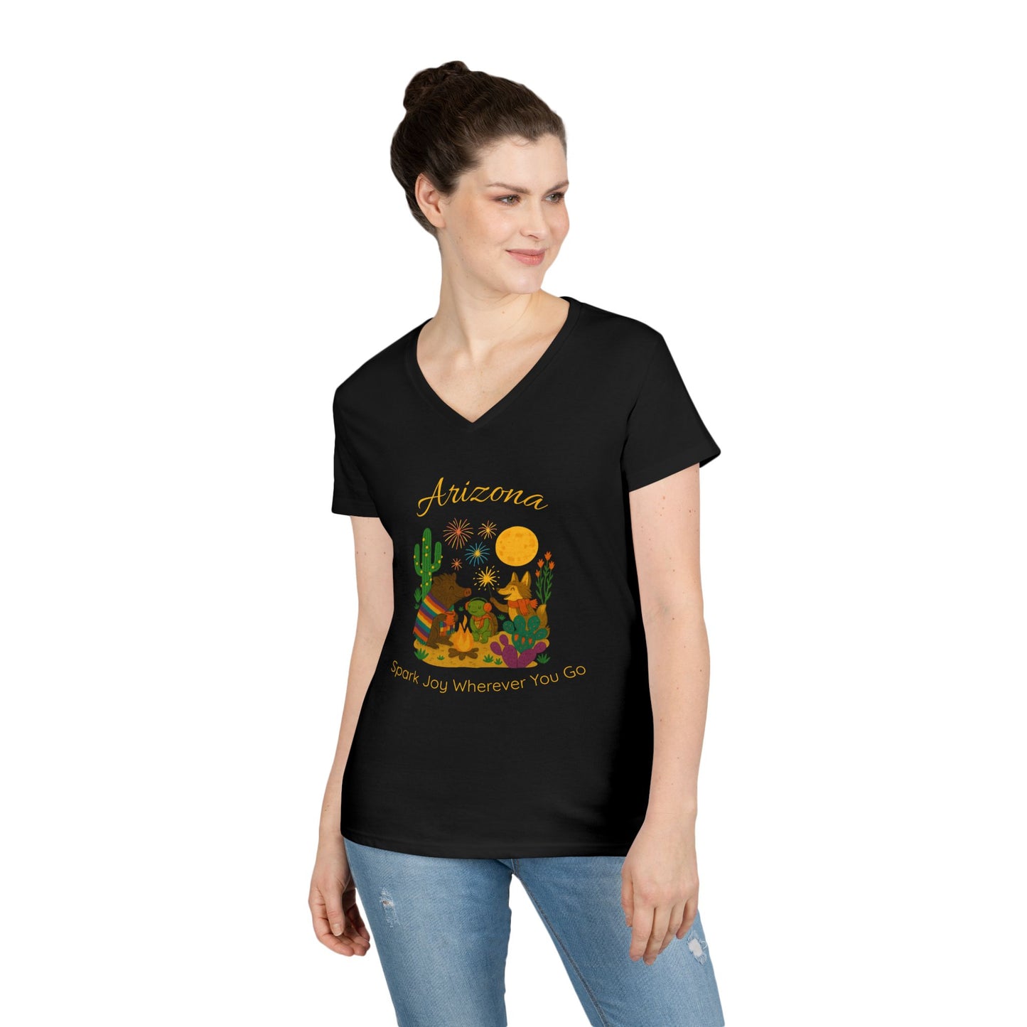 Arizona Sun Ladies' V-Neck T-Shirt, SPark Joy, Southwest Vibe Tee, Cute Animal Design, Gift for Nature Lovers, Summer Casual Wear