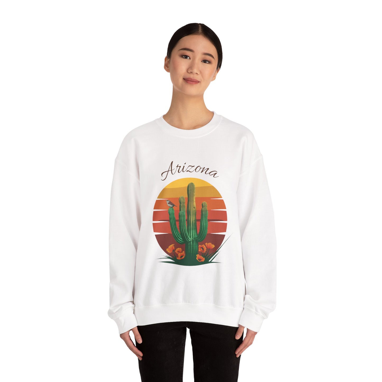 Crewneck Sweatshirt with Saguaro, Arizona Poppy, and Cactus Wren Design