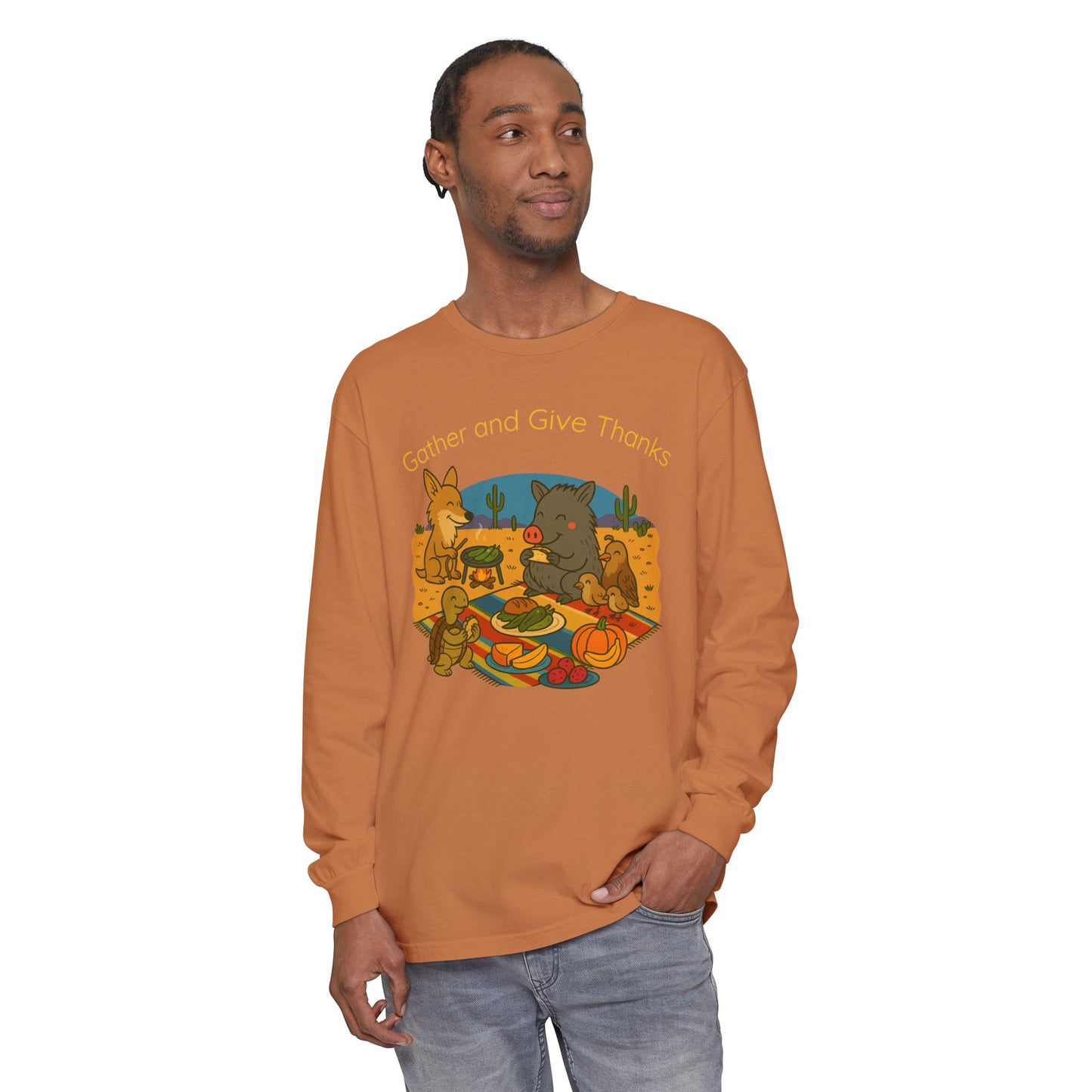 Thanksgiving Gather and Give Thanks Long Sleeve T-Shirt, Cute Sonoran Desert animal Design, Fall Apparel, Unisex Casual Wear, Holiday Gift
