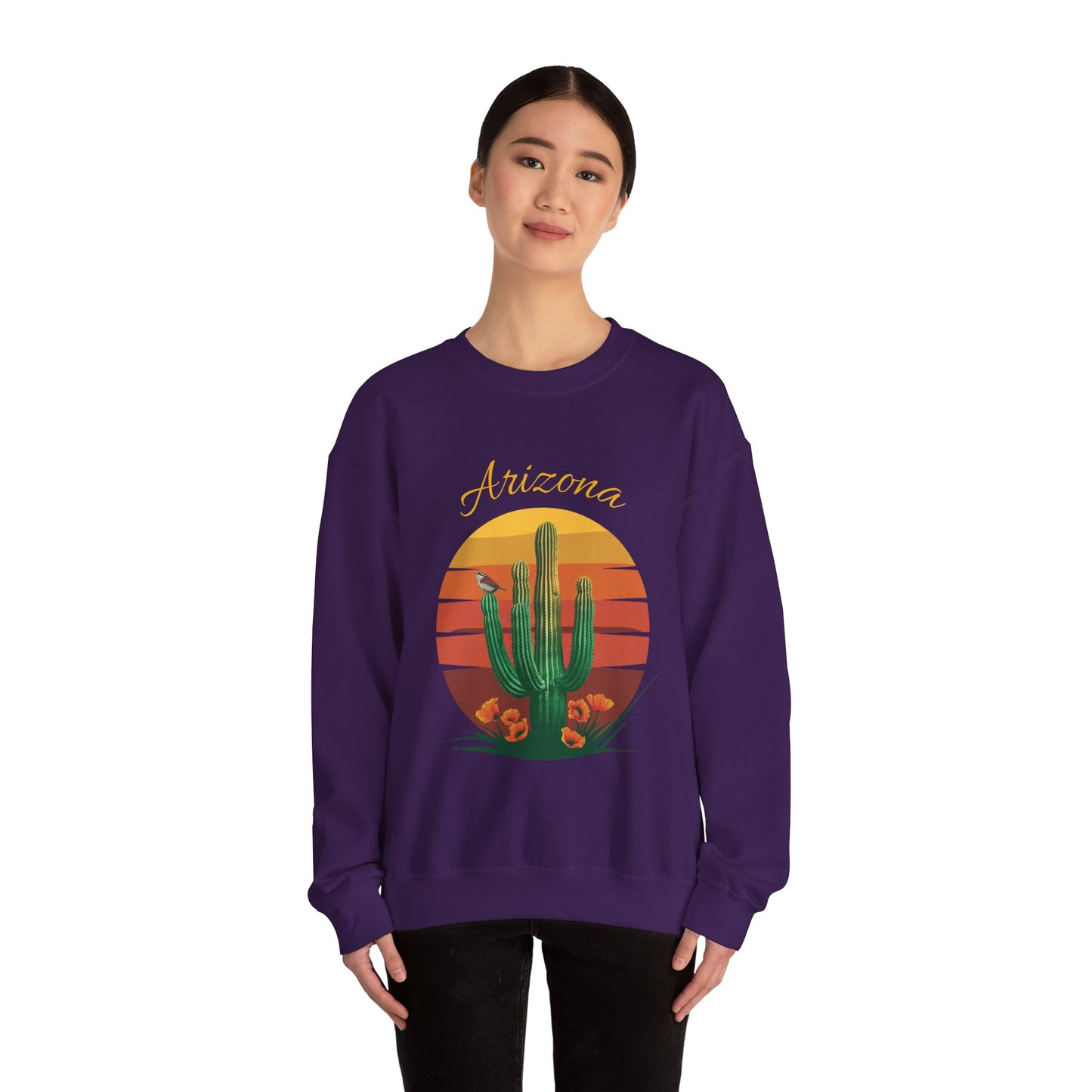 Crewneck Sweatshirt with Saguaro, Arizona Poppy, and Cactus Wren Design