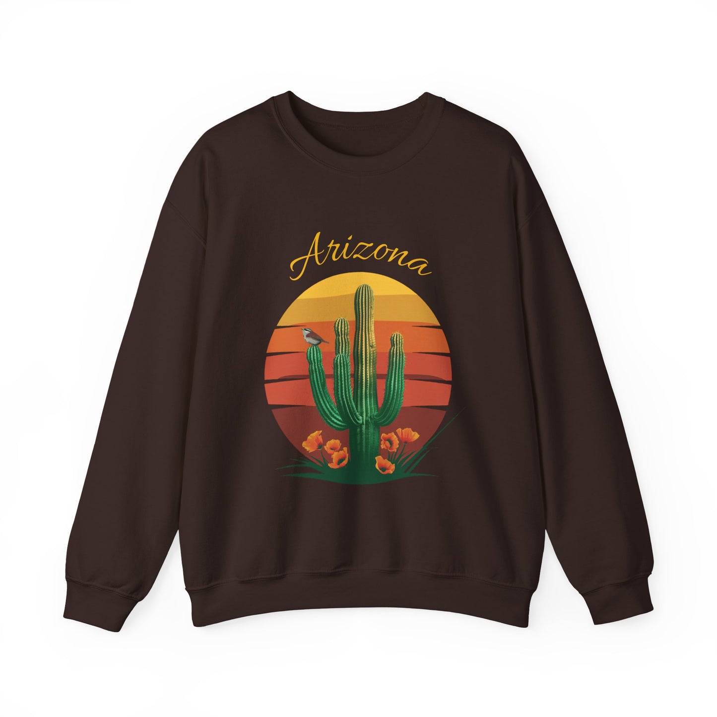 Crewneck Sweatshirt with Saguaro, Arizona Poppy, and Cactus Wren Design