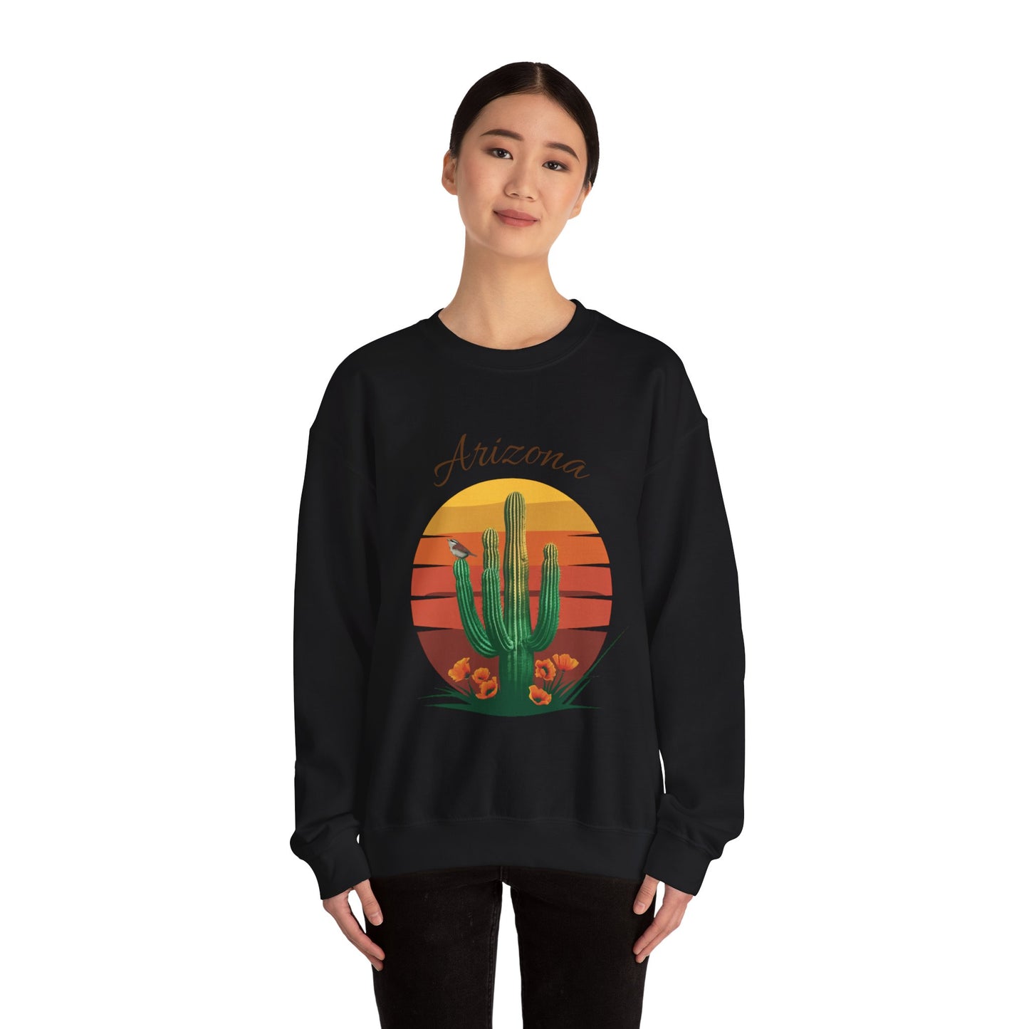 Crewneck Sweatshirt with Saguaro, Arizona Poppy, and Cactus Wren Design
