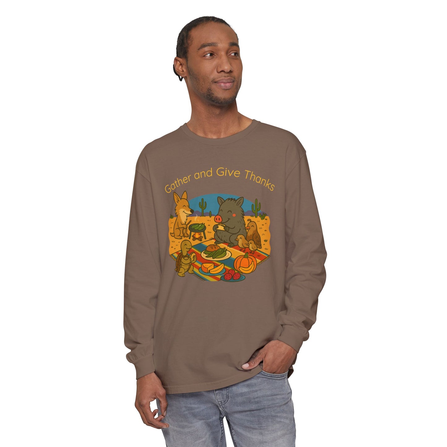 Thanksgiving Gather and Give Thanks Long Sleeve T-Shirt, Cute Sonoran Desert animal Design, Fall Apparel, Unisex Casual Wear, Holiday Gift