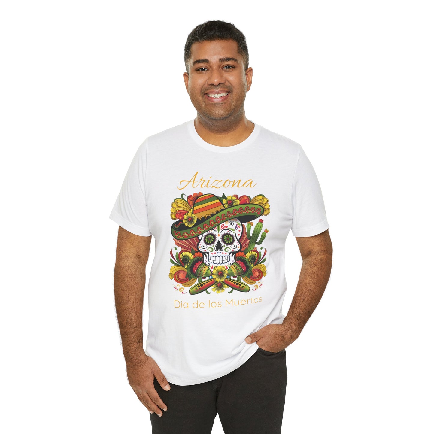 Dia de los Muertos Unisex Jersey Tee, Colorful Skull T-Shirt, Arizona Design, Holiday Apparel, Casual Wear, Gifts for Him and Her