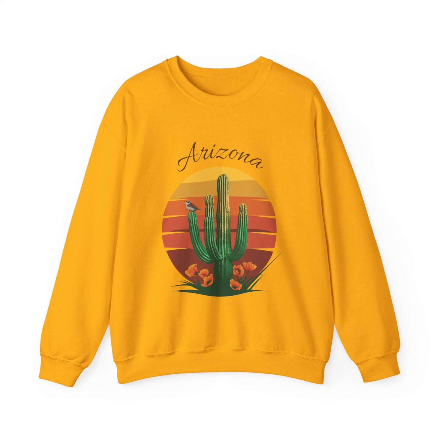 Crewneck Sweatshirt with Saguaro, Arizona Poppy, and Cactus Wren Design