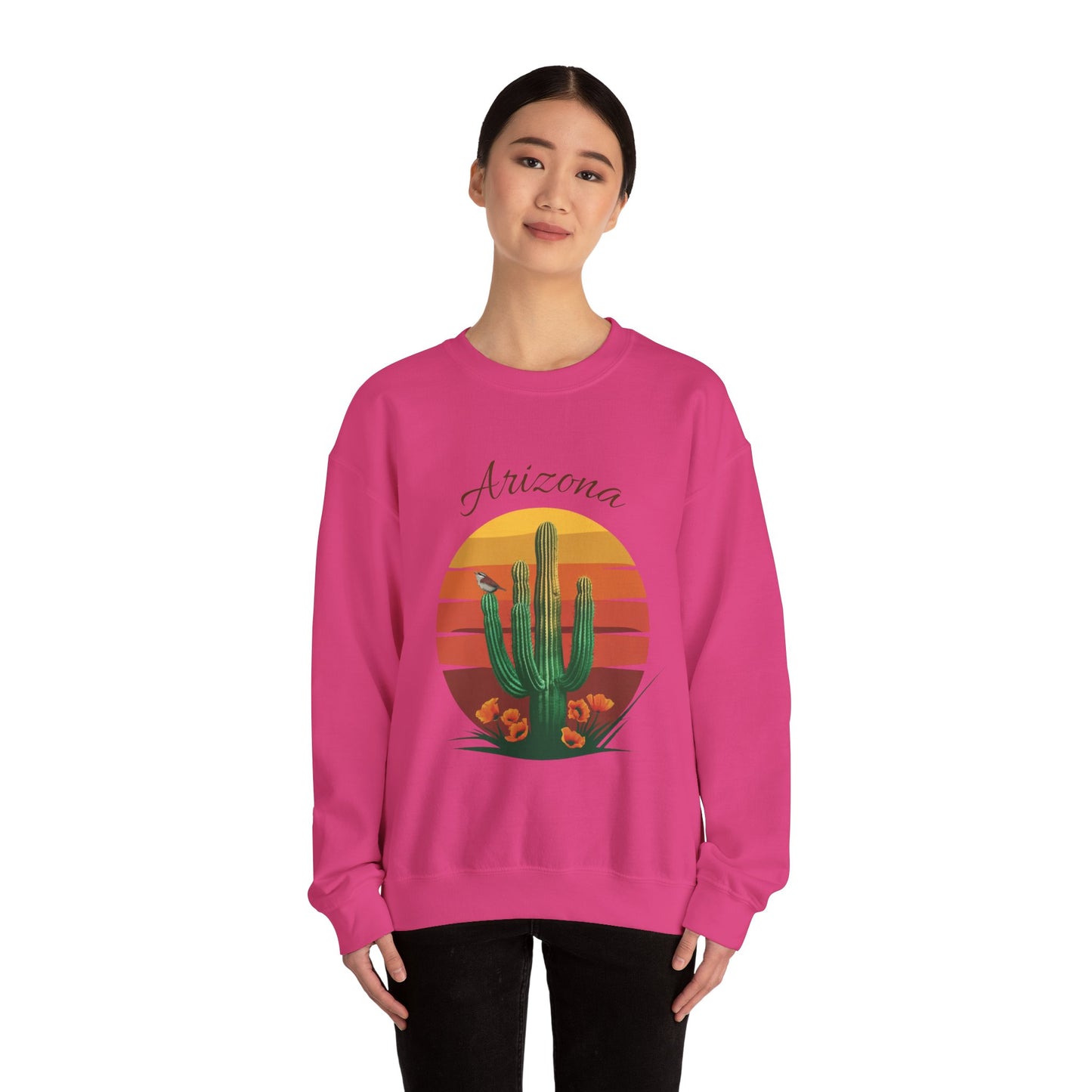 Crewneck Sweatshirt with Saguaro, Arizona Poppy, and Cactus Wren Design