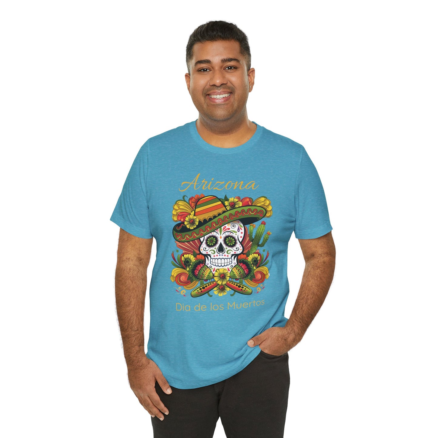 Dia de los Muertos Unisex Jersey Tee, Colorful Skull T-Shirt, Arizona Design, Holiday Apparel, Casual Wear, Gifts for Him and Her