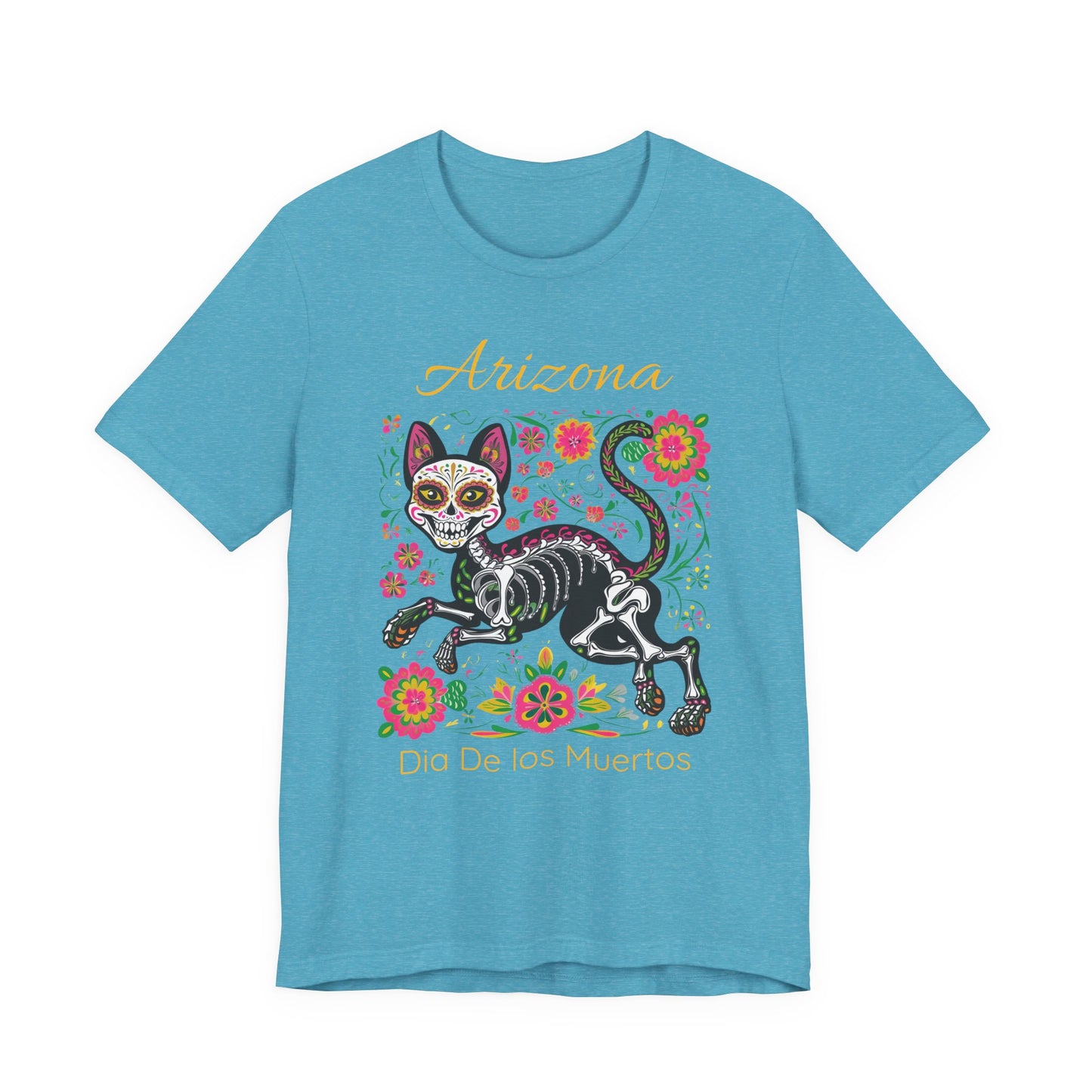 Día de los Muertos Cat Tee: Unisex Jersey Short Sleeve Tee, Halloween Shirt, Arizona Apparel, Festival T-Shirt, Cultural Celebration Top