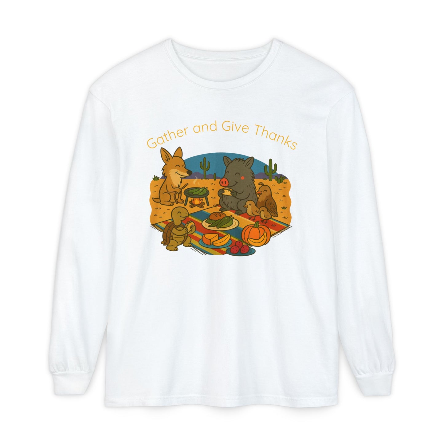 Thanksgiving Gather and Give Thanks Long Sleeve T-Shirt, Cute Sonoran Desert animal Design, Fall Apparel, Unisex Casual Wear, Holiday Gift