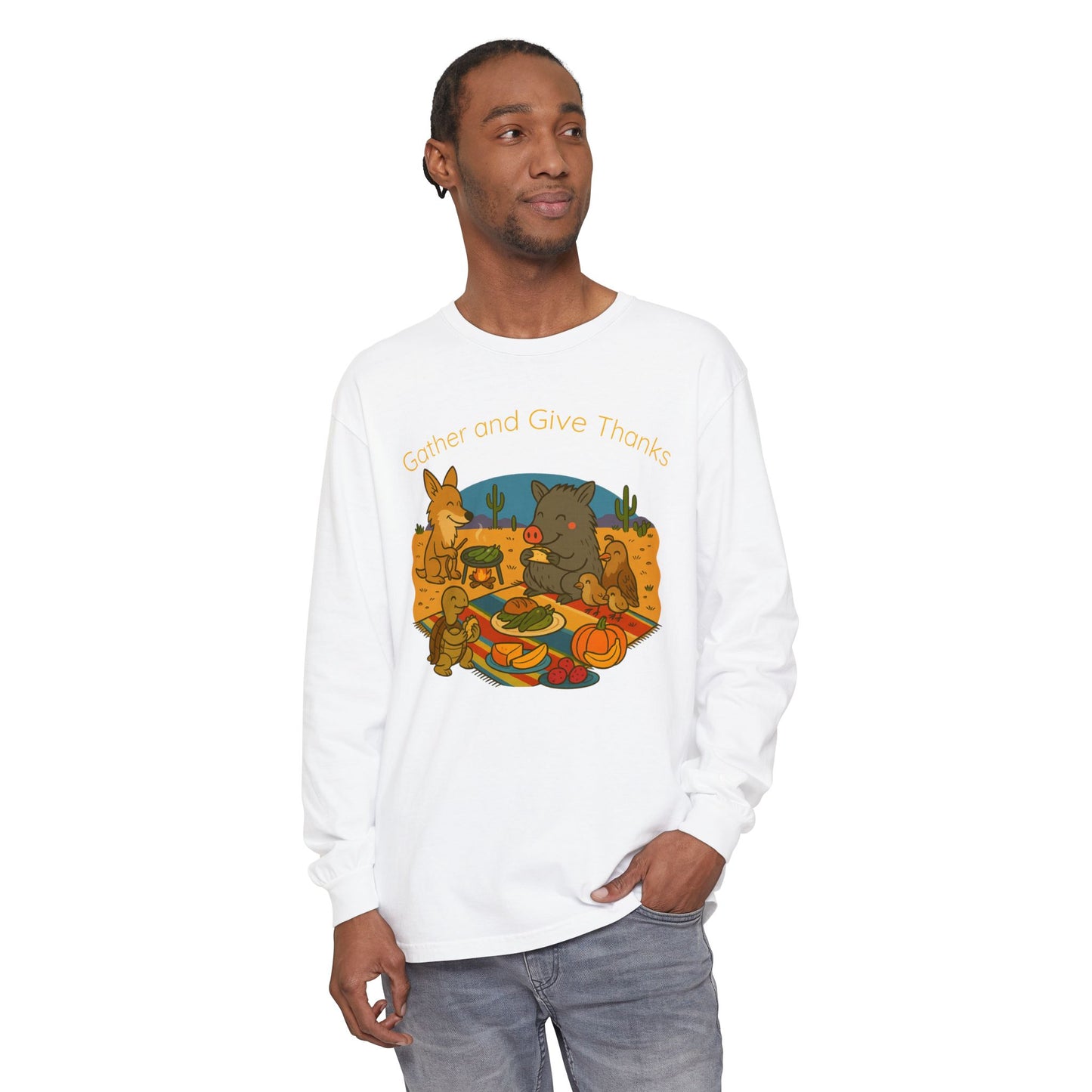Thanksgiving Gather and Give Thanks Long Sleeve T-Shirt, Cute Sonoran Desert animal Design, Fall Apparel, Unisex Casual Wear, Holiday Gift