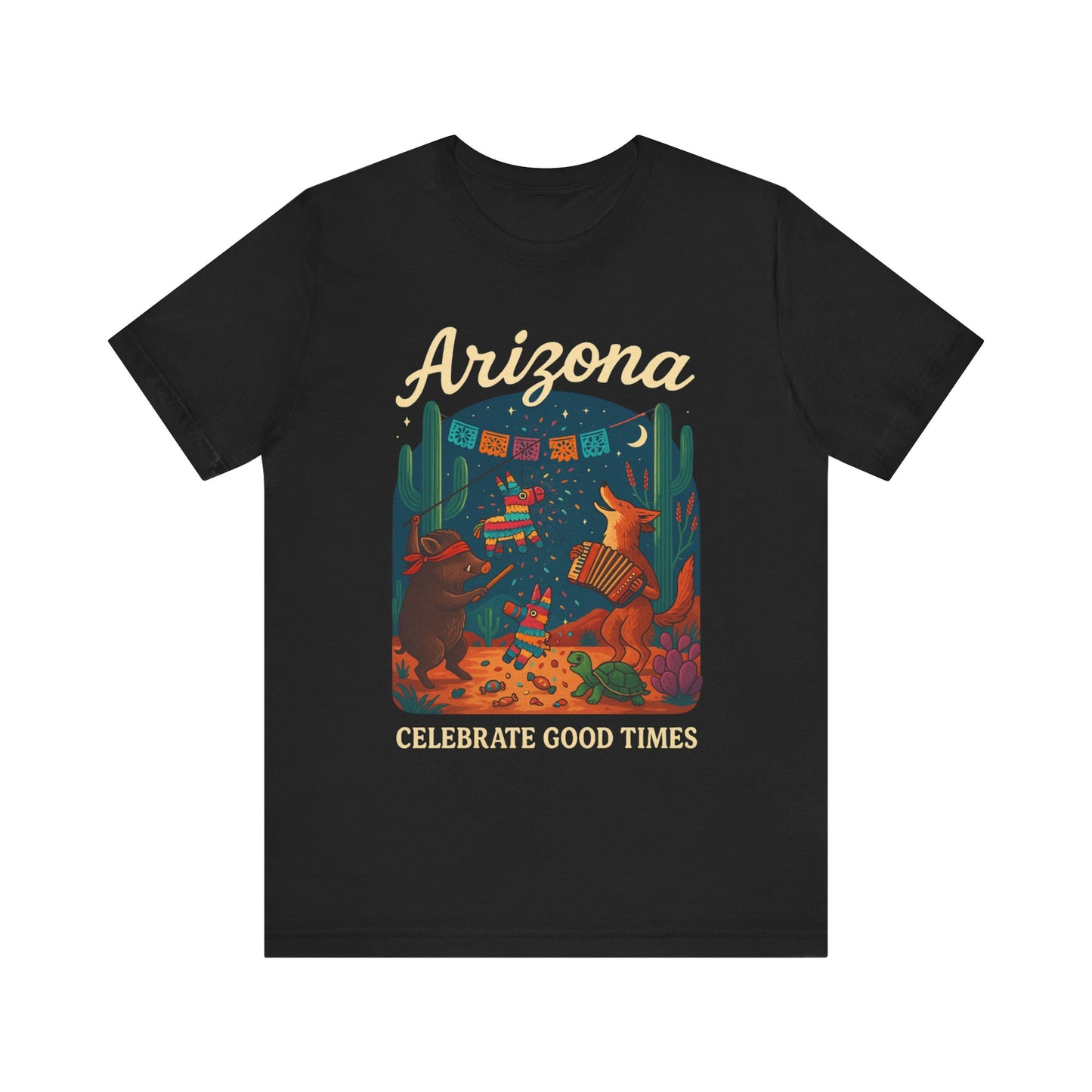 Desert Wildlife T-Shirt – Sonoran Desert Arizona coyote and javelina dancing at Pinata Party, Celebrate Good Times