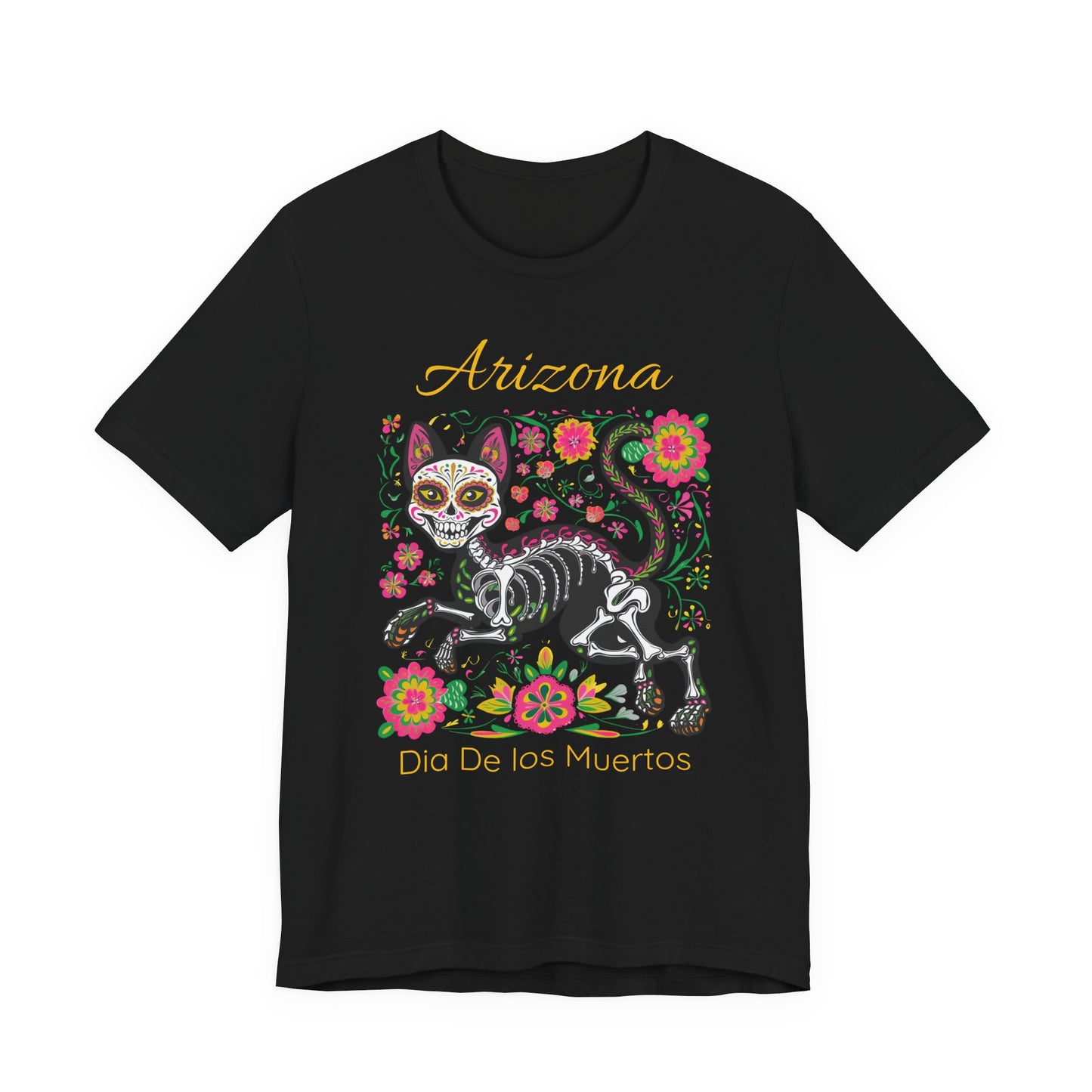 Día de los Muertos Cat Tee: Unisex Jersey Short Sleeve Tee, Halloween Shirt, Arizona Apparel, Festival T-Shirt, Cultural Celebration Top