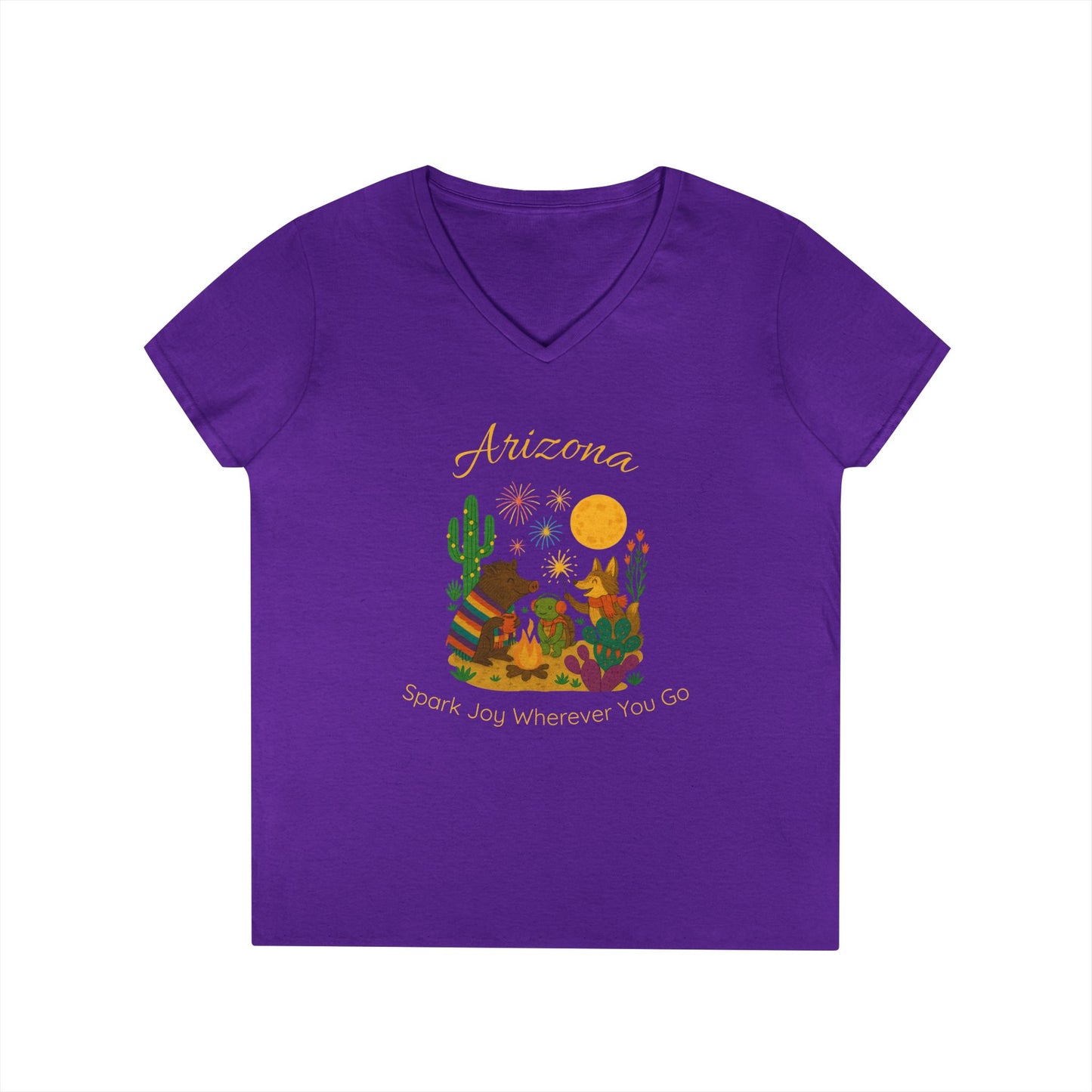 Arizona Sun Ladies' V-Neck T-Shirt, SPark Joy, Southwest Vibe Tee, Cute Animal Design, Gift for Nature Lovers, Summer Casual Wear