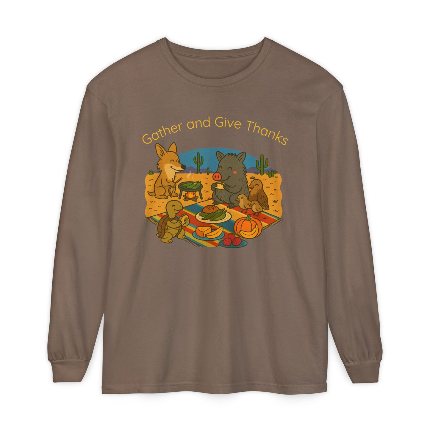 Thanksgiving Gather and Give Thanks Long Sleeve T-Shirt, Cute Sonoran Desert animal Design, Fall Apparel, Unisex Casual Wear, Holiday Gift
