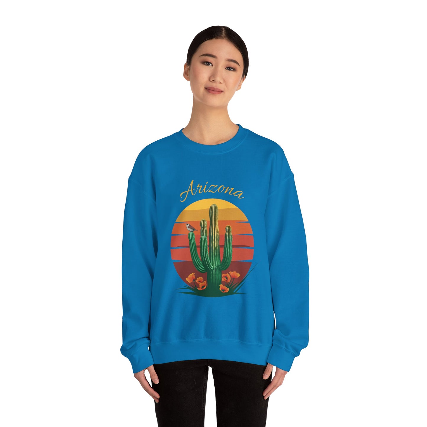 Crewneck Sweatshirt with Saguaro, Arizona Poppy, and Cactus Wren Design