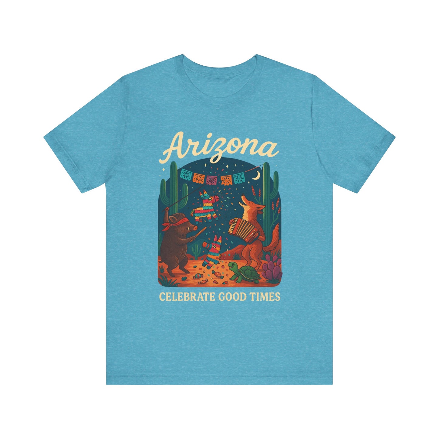 Desert Wildlife T-Shirt – Sonoran Desert Arizona coyote and javelina dancing at Pinata Party, Celebrate Good Times