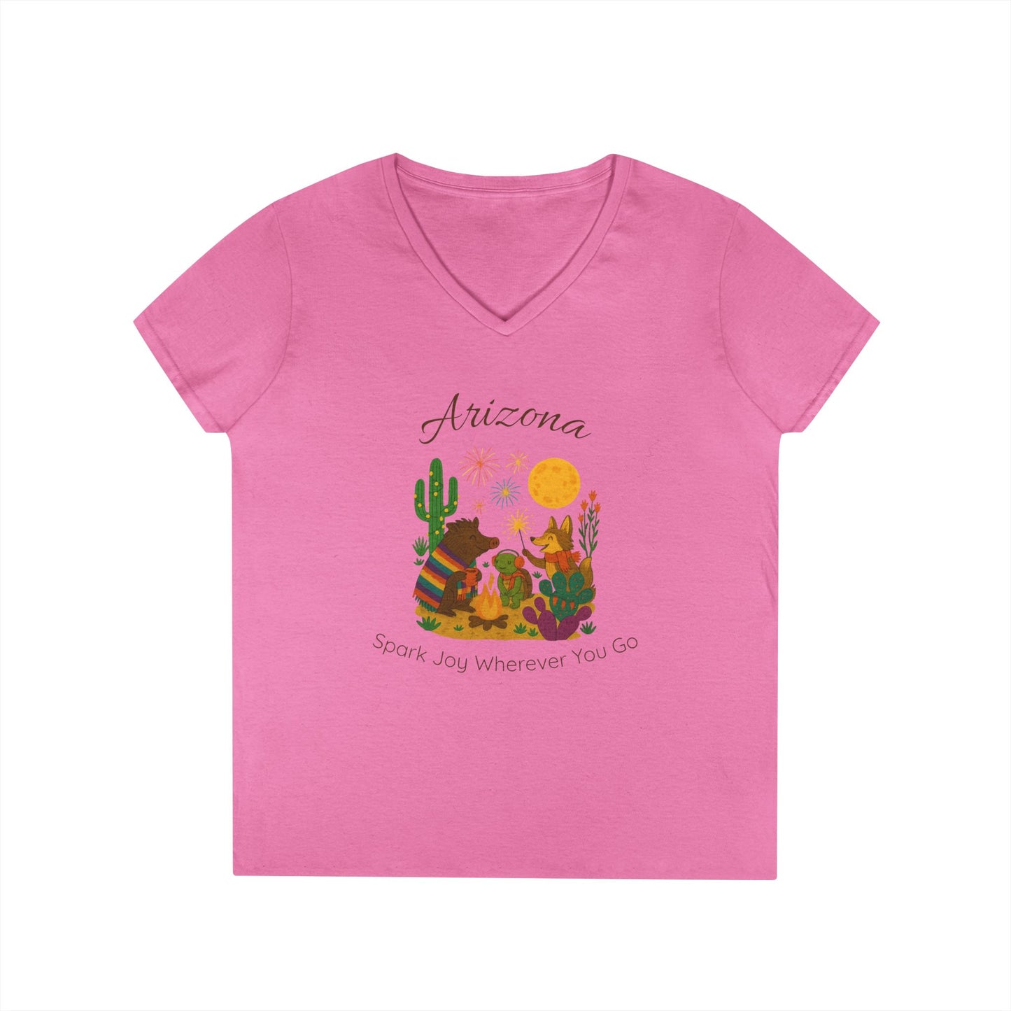 Arizona Sun Ladies' V-Neck T-Shirt, SPark Joy, Southwest Vibe Tee, Cute Animal Design, Gift for Nature Lovers, Summer Casual Wear