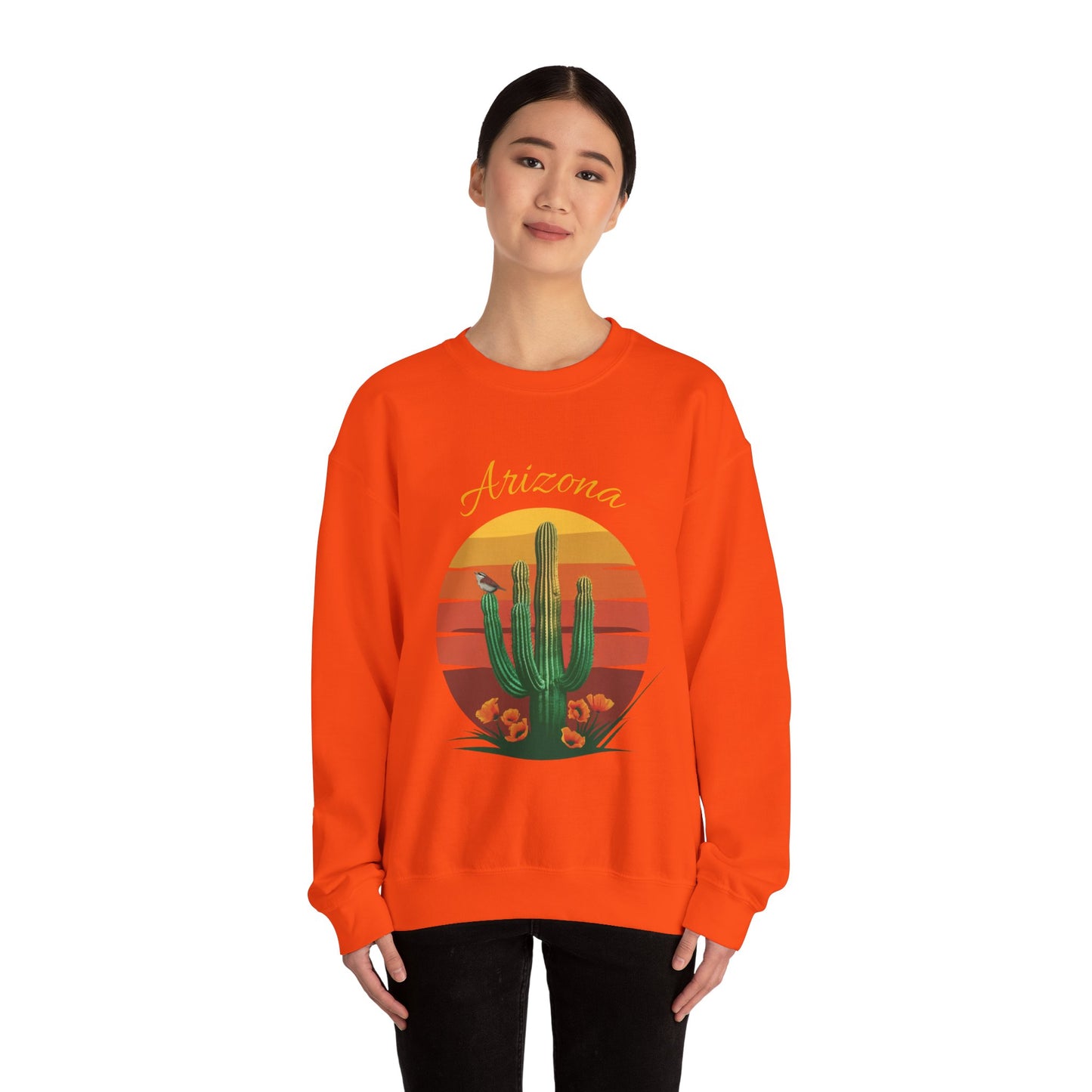 Crewneck Sweatshirt with Saguaro, Arizona Poppy, and Cactus Wren Design