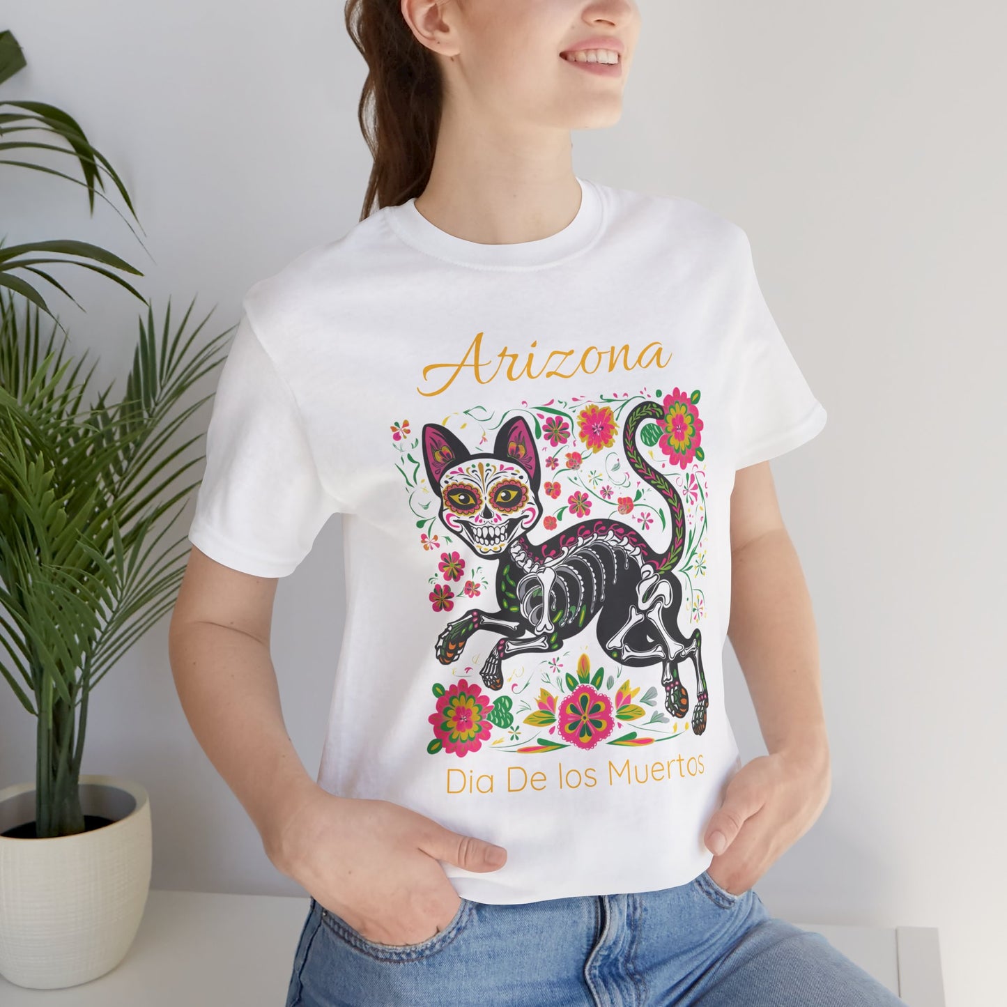 Día de los Muertos Cat Tee: Unisex Jersey Short Sleeve Tee, Halloween Shirt, Arizona Apparel, Festival T-Shirt, Cultural Celebration Top