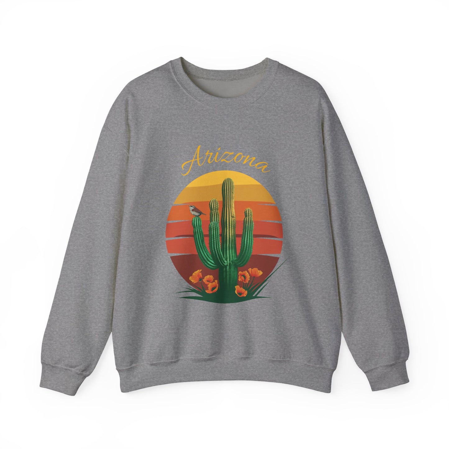 Crewneck Sweatshirt with Saguaro, Arizona Poppy, and Cactus Wren Design