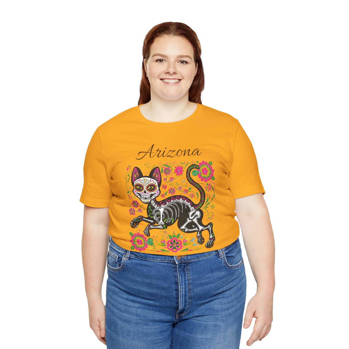 Día de los Muertos Cat Tee: Unisex Jersey Short Sleeve Tee, Halloween Shirt, Arizona Apparel, Festival T-Shirt, Cultural Celebration Top