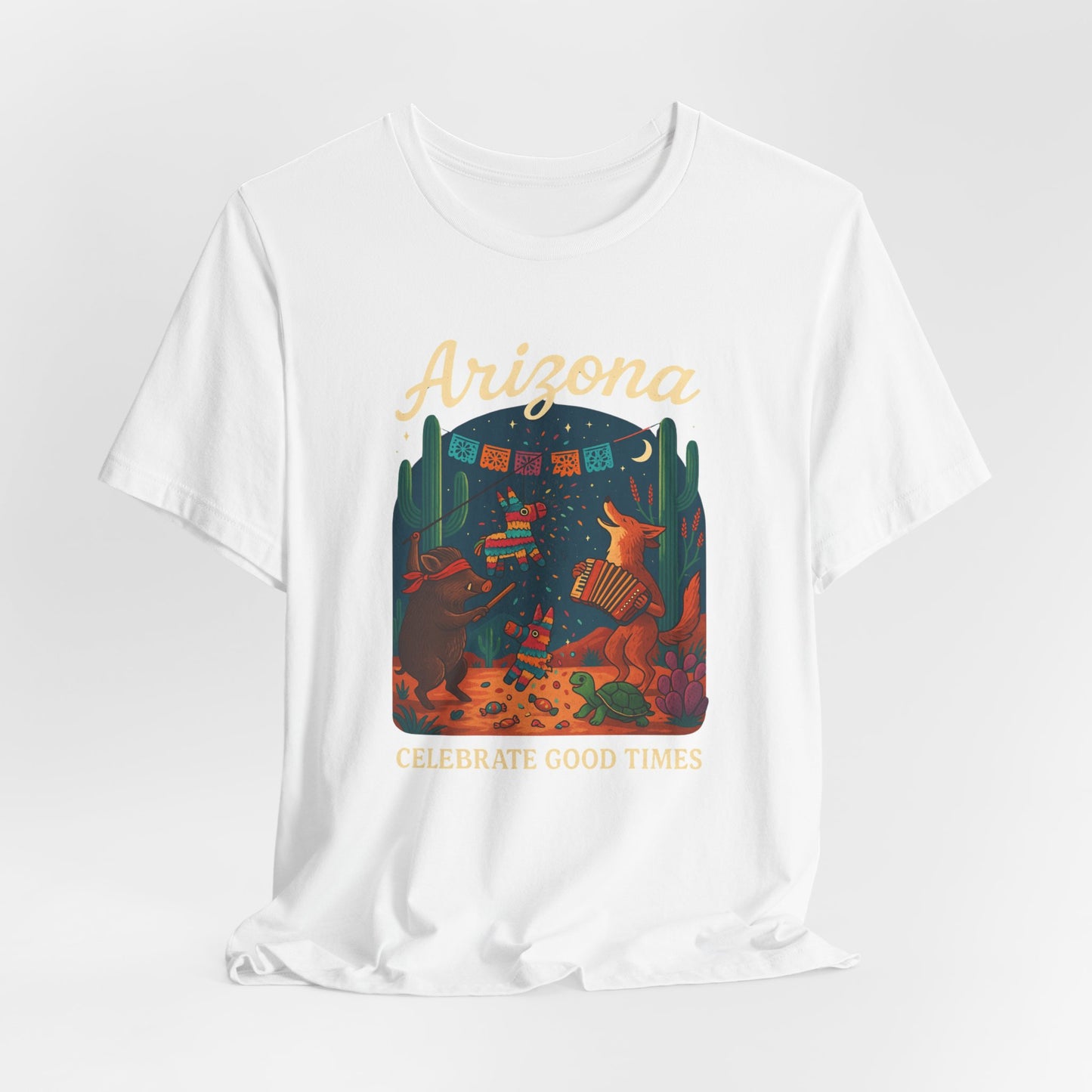 Desert Wildlife T-Shirt – Sonoran Desert Arizona coyote and javelina dancing at Pinata Party, Celebrate Good Times