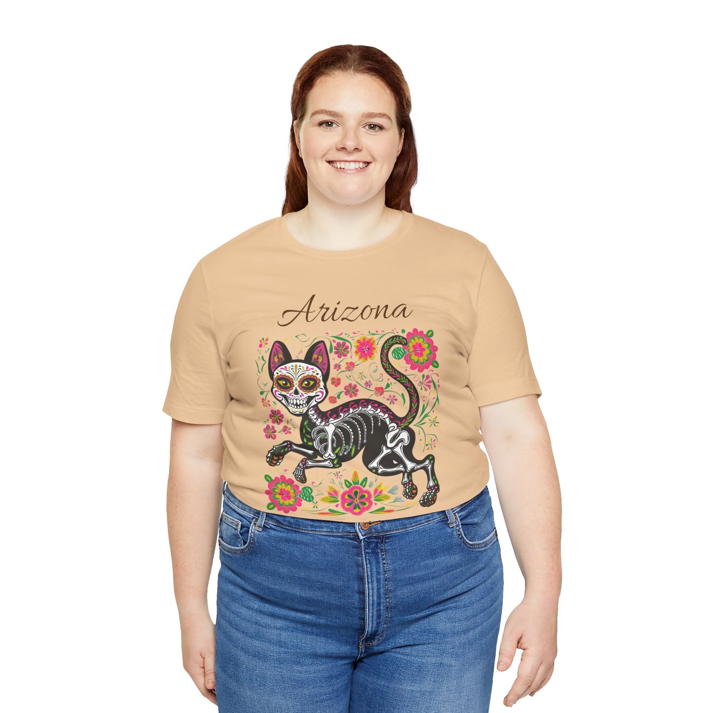 Día de los Muertos Cat Tee: Unisex Jersey Short Sleeve Tee, Halloween Shirt, Arizona Apparel, Festival T-Shirt, Cultural Celebration Top