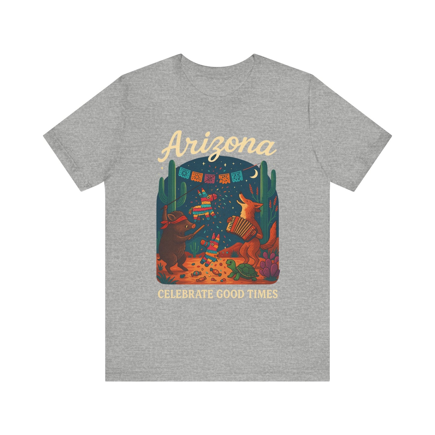 Desert Wildlife T-Shirt – Sonoran Desert Arizona coyote and javelina dancing at Pinata Party, Celebrate Good Times