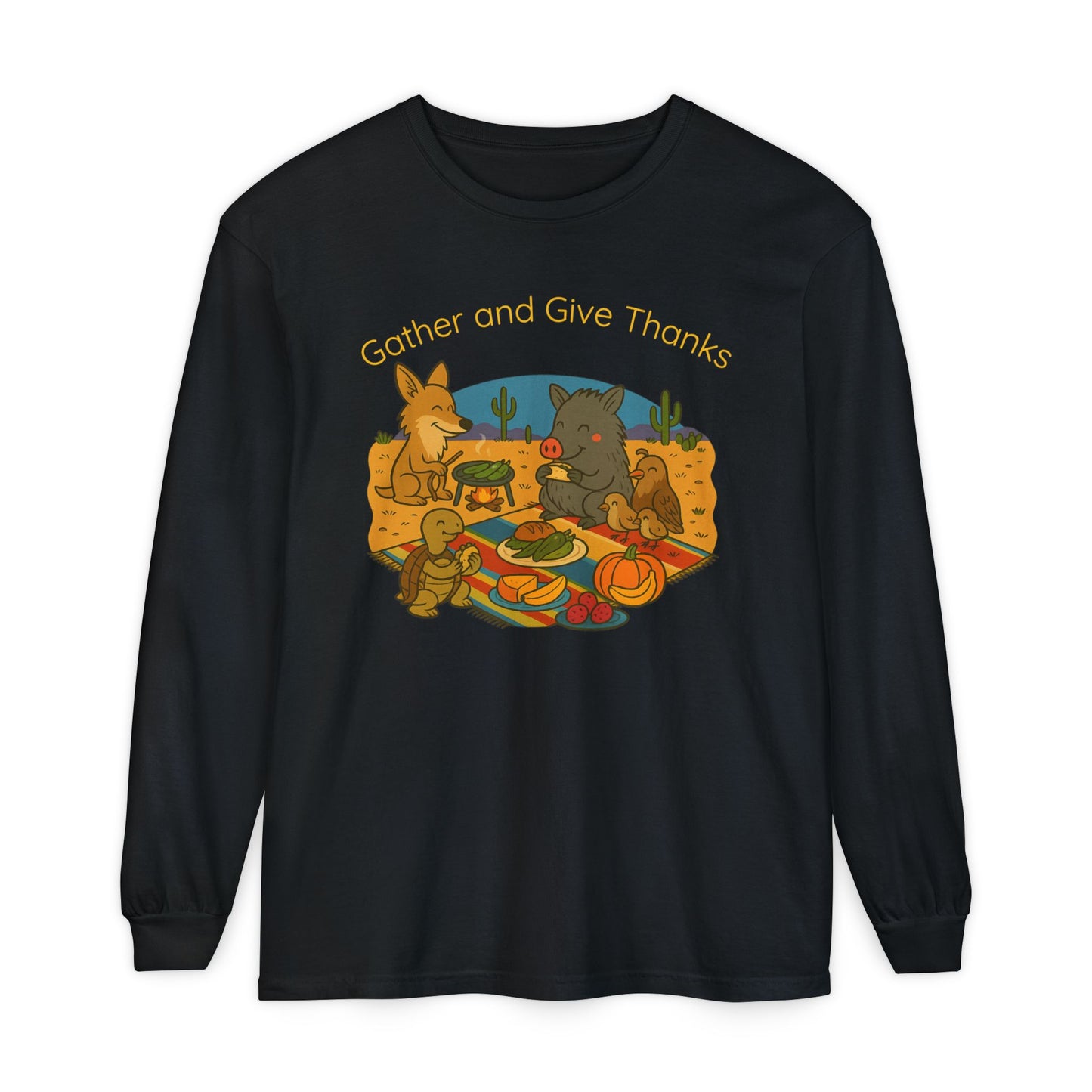 Thanksgiving Gather and Give Thanks Long Sleeve T-Shirt, Cute Sonoran Desert animal Design, Fall Apparel, Unisex Casual Wear, Holiday Gift