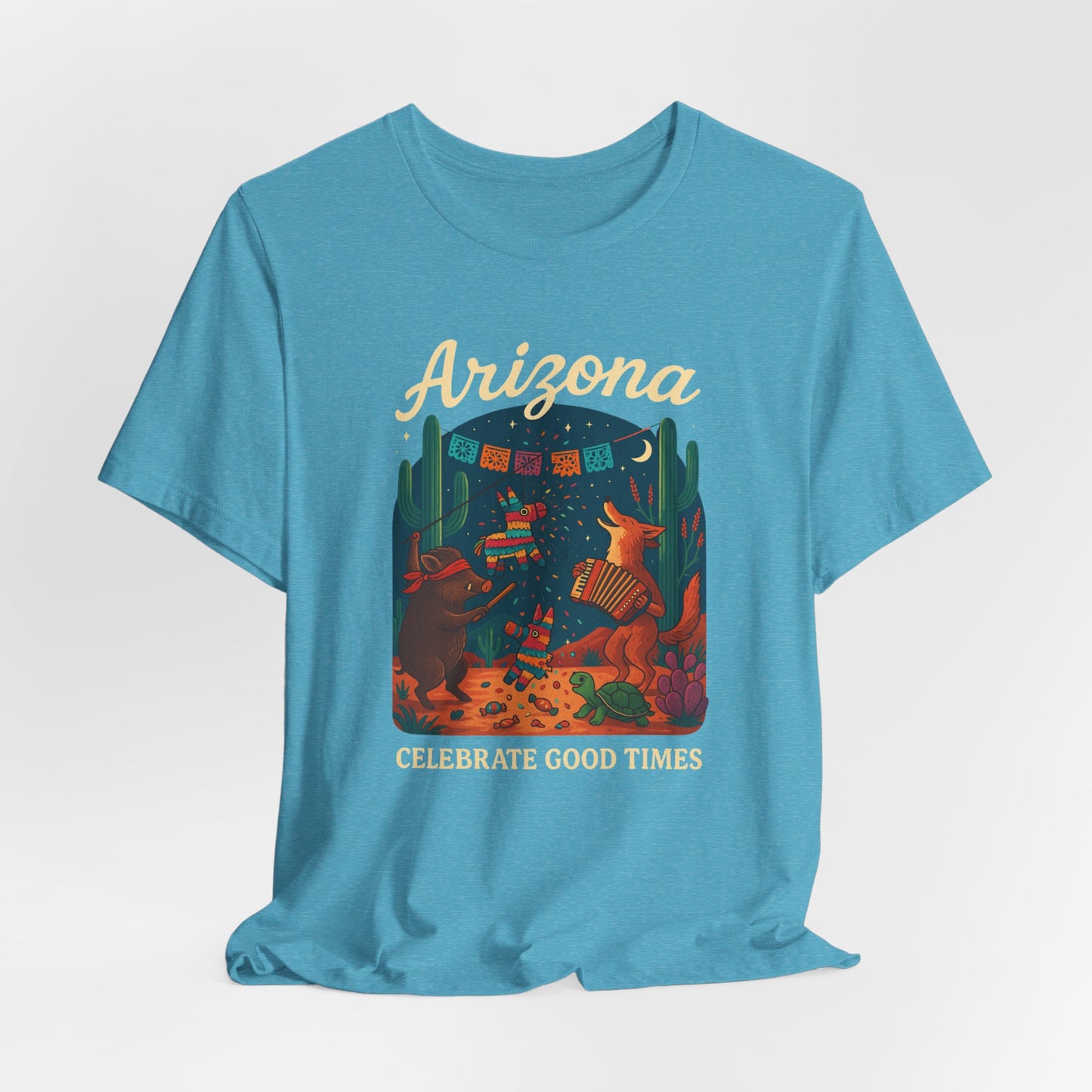 Desert Wildlife T-Shirt – Sonoran Desert Arizona coyote and javelina dancing at Pinata Party, Celebrate Good Times