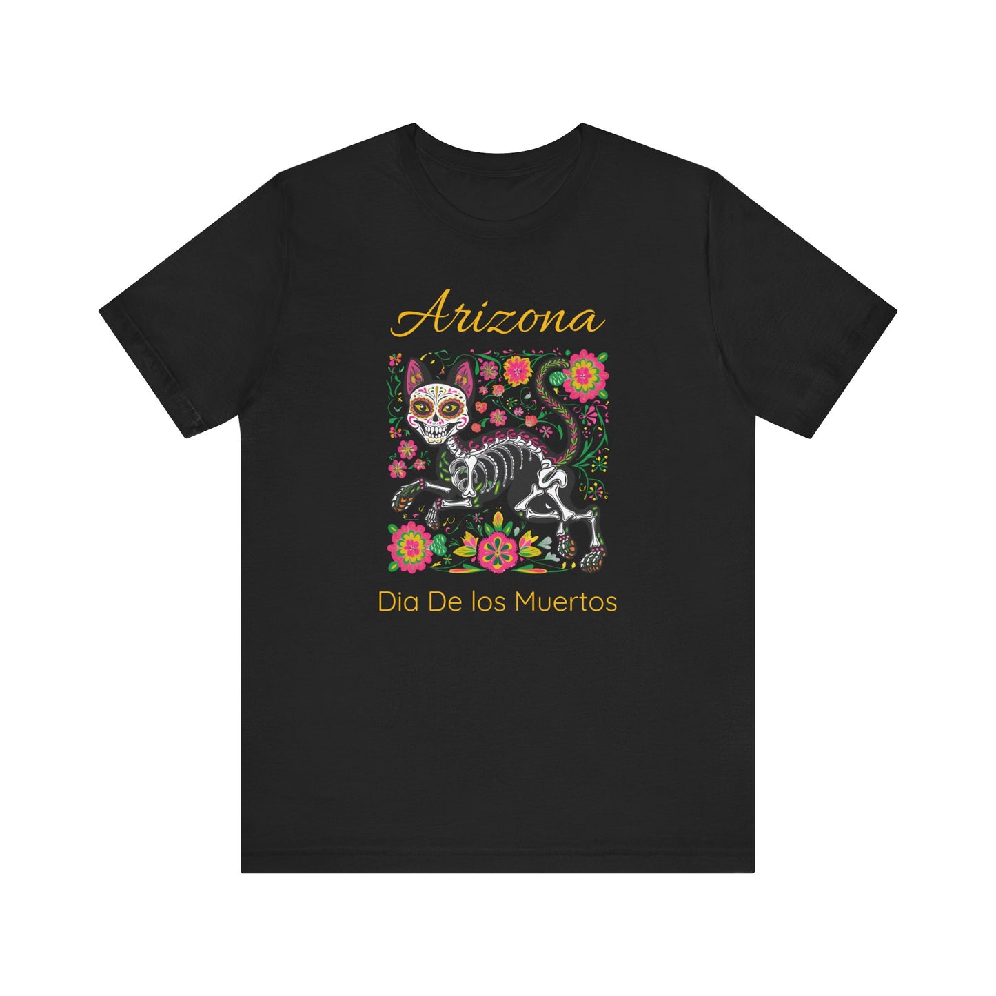 Día de los Muertos Cat Tee: Unisex Jersey Short Sleeve Tee, Halloween Shirt, Arizona Apparel, Festival T-Shirt, Cultural Celebration Top