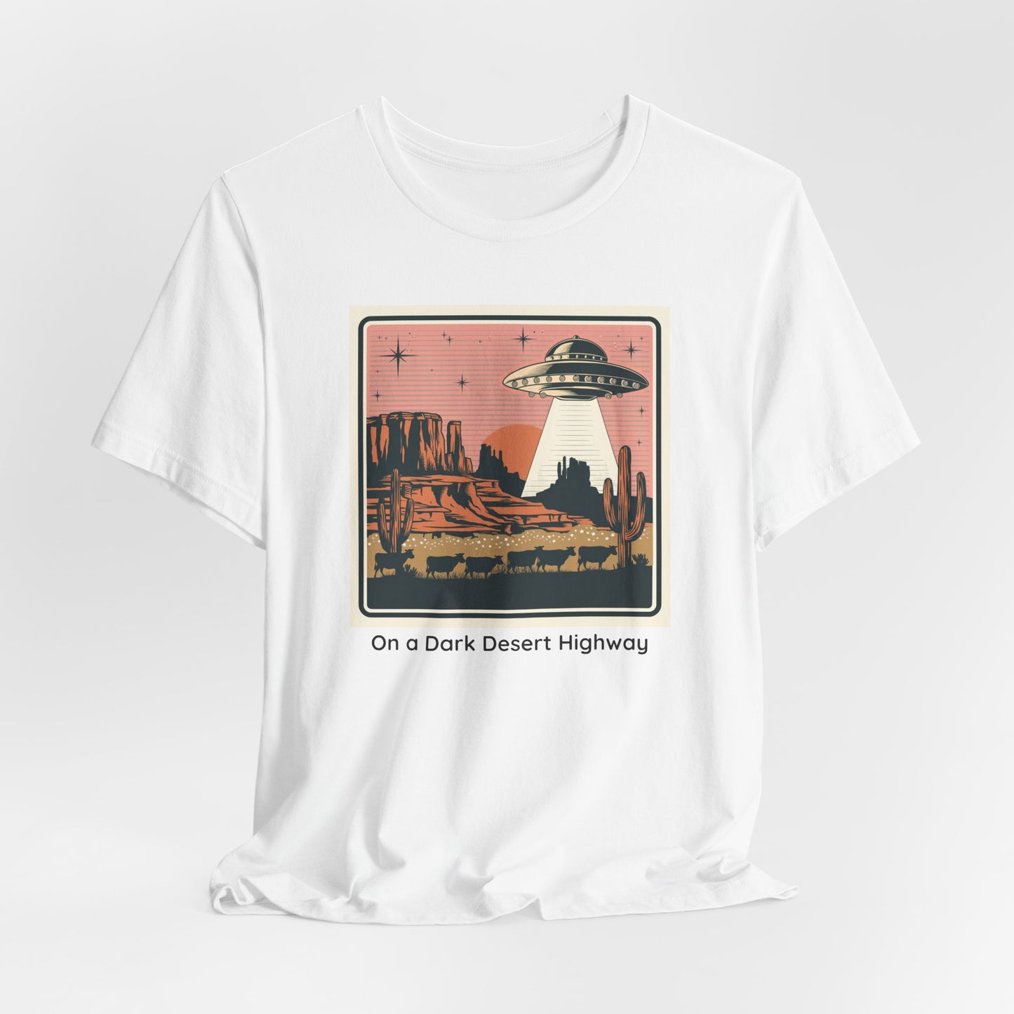 Retro UFO Desert Tee - Unisex Jersey Short Sleeve T-Shirt, Vintage Style Graphic Tee, Gift for Space Lovers, Summer Casual Wear, Music [...]
