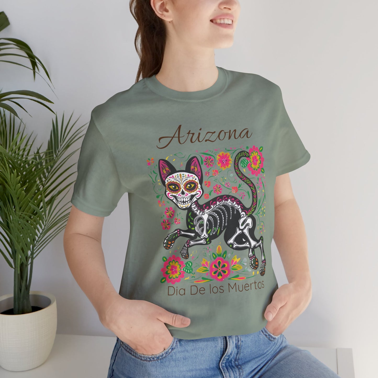 Día de los Muertos Cat Tee: Unisex Jersey Short Sleeve Tee, Halloween Shirt, Arizona Apparel, Festival T-Shirt, Cultural Celebration Top