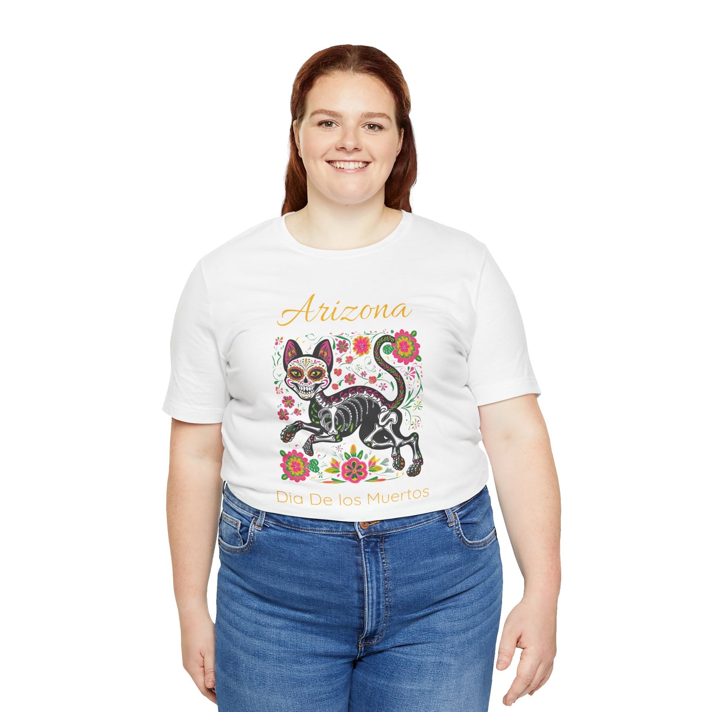 Día de los Muertos Cat Tee: Unisex Jersey Short Sleeve Tee, Halloween Shirt, Arizona Apparel, Festival T-Shirt, Cultural Celebration Top