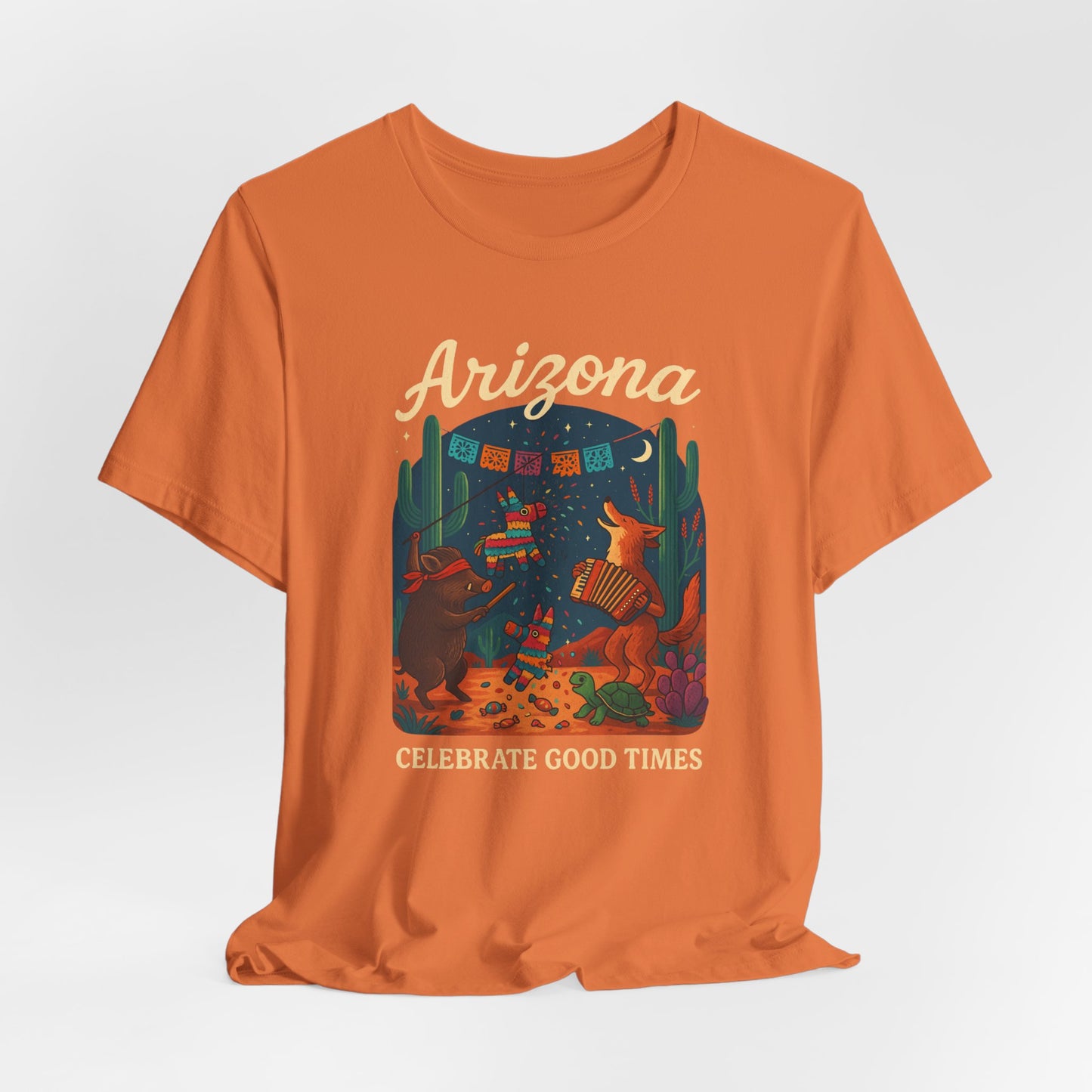 Desert Wildlife T-Shirt – Sonoran Desert Arizona coyote and javelina dancing at Pinata Party, Celebrate Good Times
