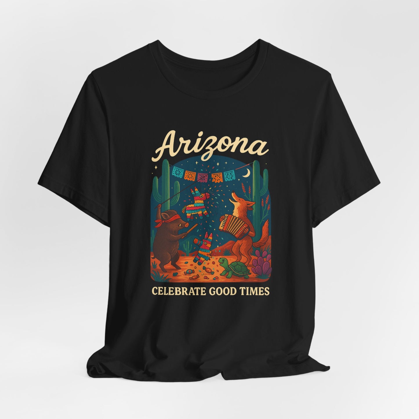 Desert Wildlife T-Shirt – Sonoran Desert Arizona coyote and javelina dancing at Pinata Party, Celebrate Good Times