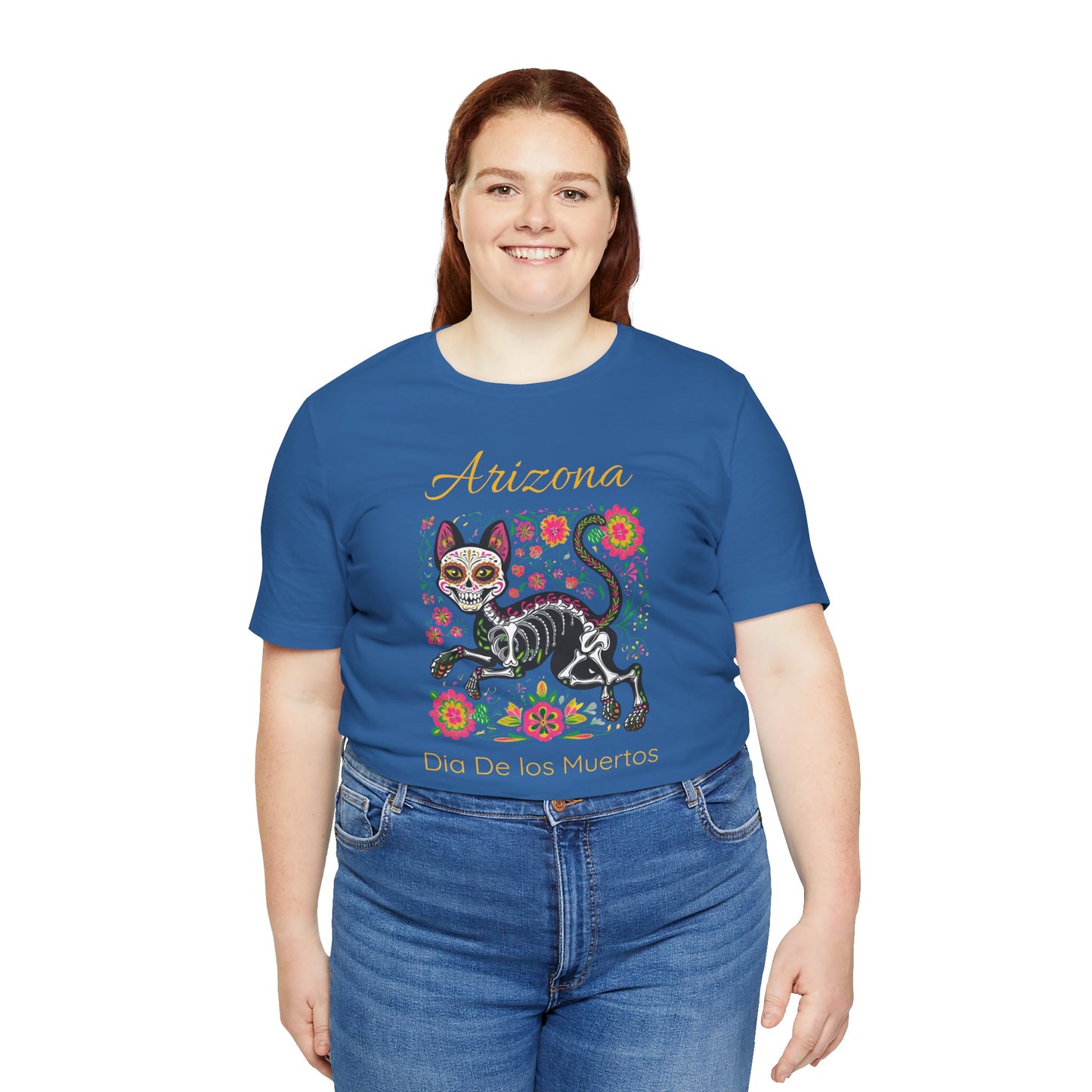 Día de los Muertos Cat Tee: Unisex Jersey Short Sleeve Tee, Halloween Shirt, Arizona Apparel, Festival T-Shirt, Cultural Celebration Top
