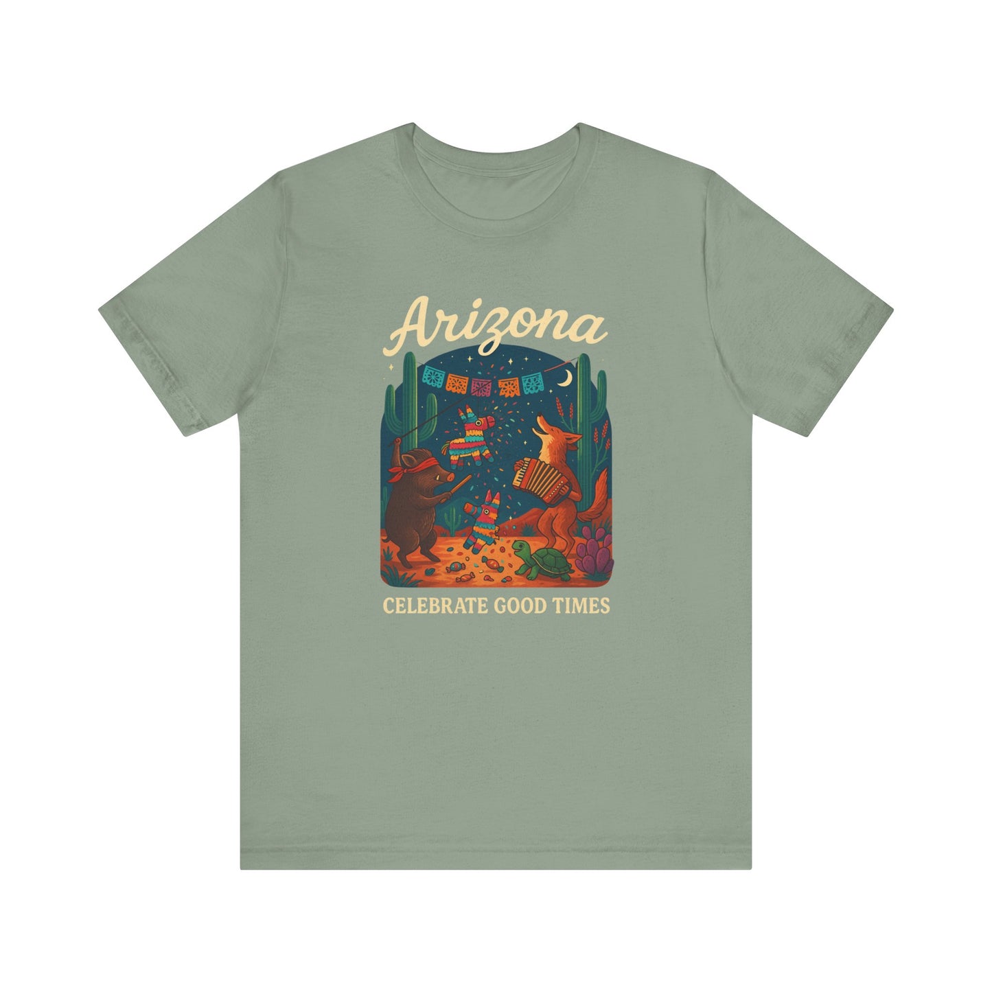 Desert Wildlife T-Shirt – Sonoran Desert Arizona coyote and javelina dancing at Pinata Party, Celebrate Good Times