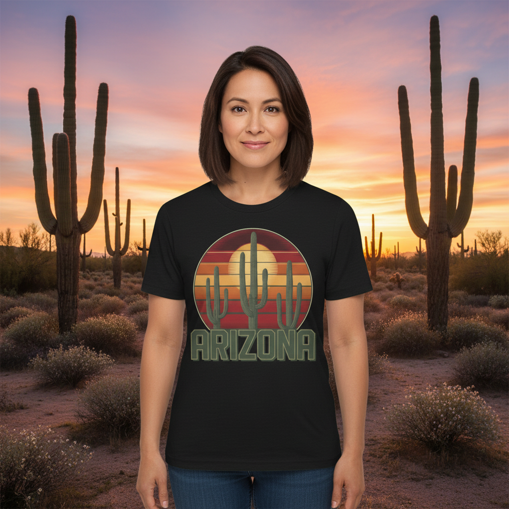 Arizona Desert Three Saguaro Cactus at Sunset Graphic Tee for Nature Lovers, Boho Summer Shirt, Gift for Adventurers, Vacation Wear, Casual Outfit