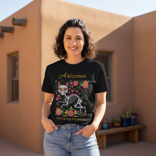 Día de los Muertos Cat Tee: Unisex Jersey Short Sleeve Tee, Halloween Shirt, Arizona Apparel, Festival T-Shirt, Cultural Celebration Top