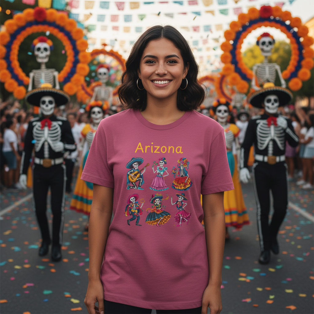 Day of the Dead Inspired Tee, Arizona Theme T-Shirt, Unisex Graphic Tee, Halloween Style Top, Mexican  Festival Wear