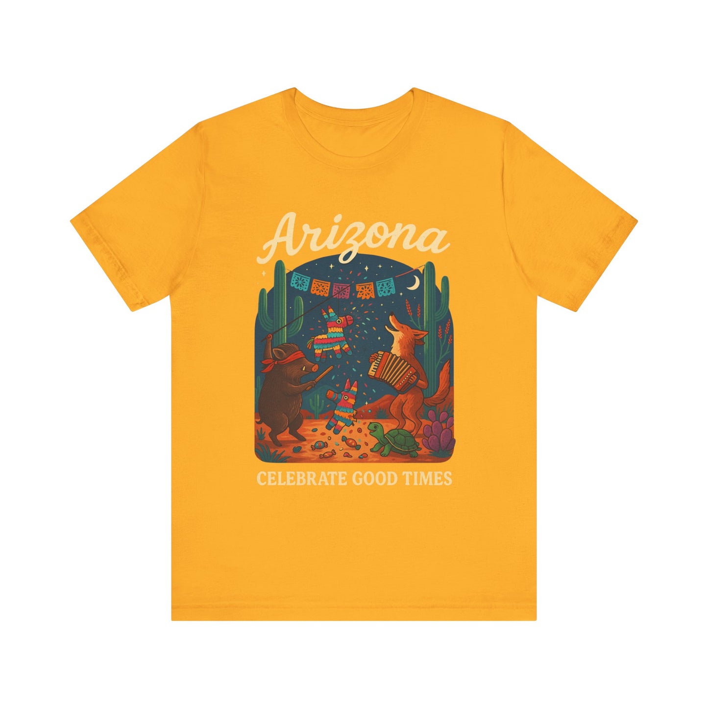 Desert Wildlife T-Shirt – Sonoran Desert Arizona coyote and javelina dancing at Pinata Party, Celebrate Good Times
