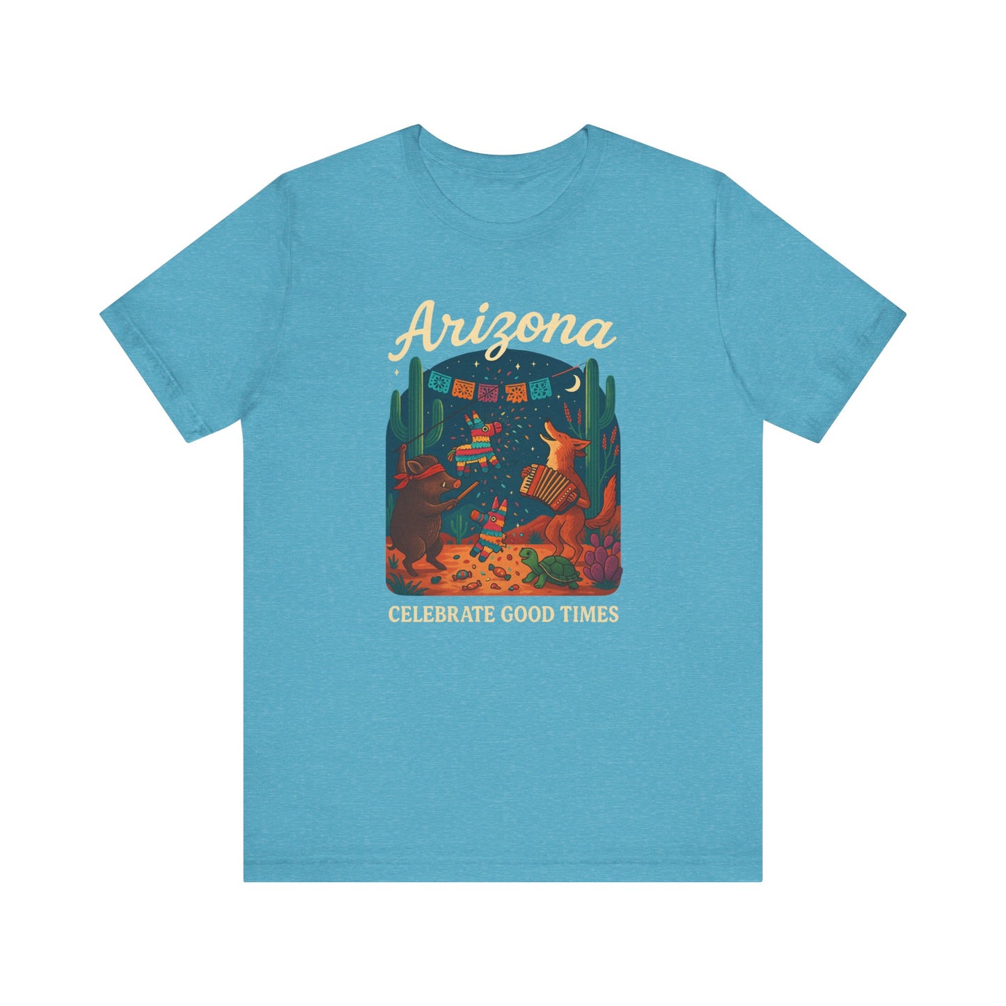 Desert Wildlife T-Shirt – Sonoran Desert Arizona coyote and javelina dancing at Pinata Party, Celebrate Good Times