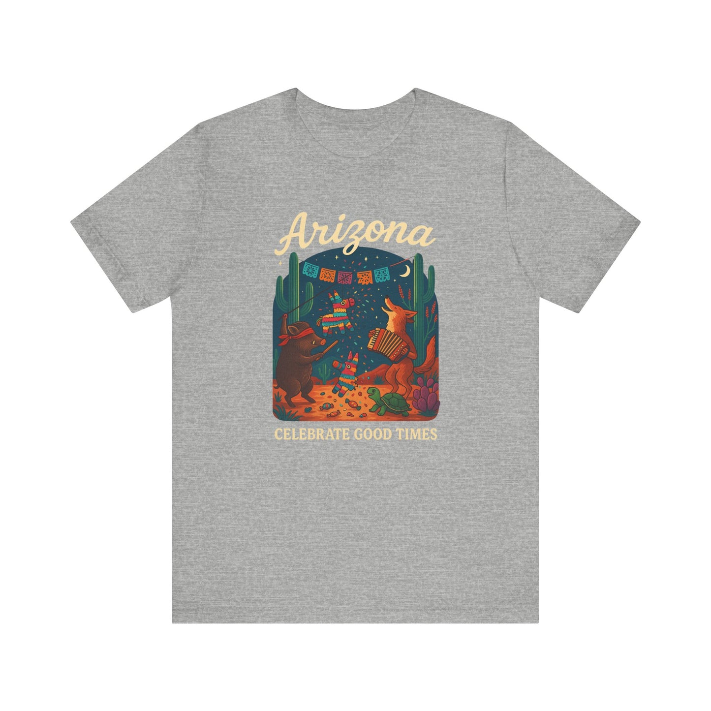 Desert Wildlife T-Shirt – Sonoran Desert Arizona coyote and javelina dancing at Pinata Party, Celebrate Good Times