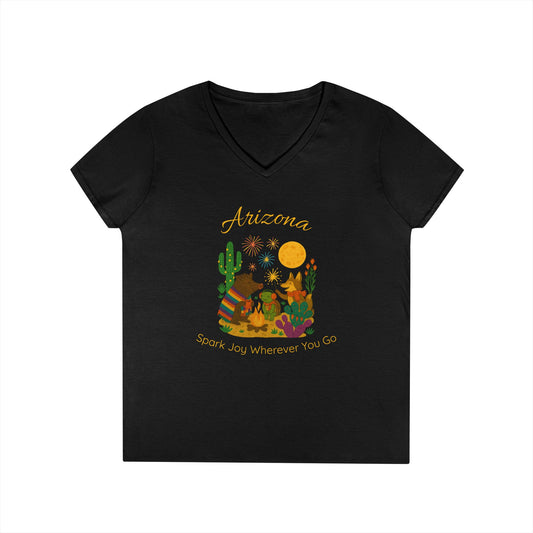 Arizona Sun Ladies' V-Neck T-Shirt, SPark Joy, Southwest Vibe Tee, Cute Animal Design, Gift for Nature Lovers, Summer Casual Wear