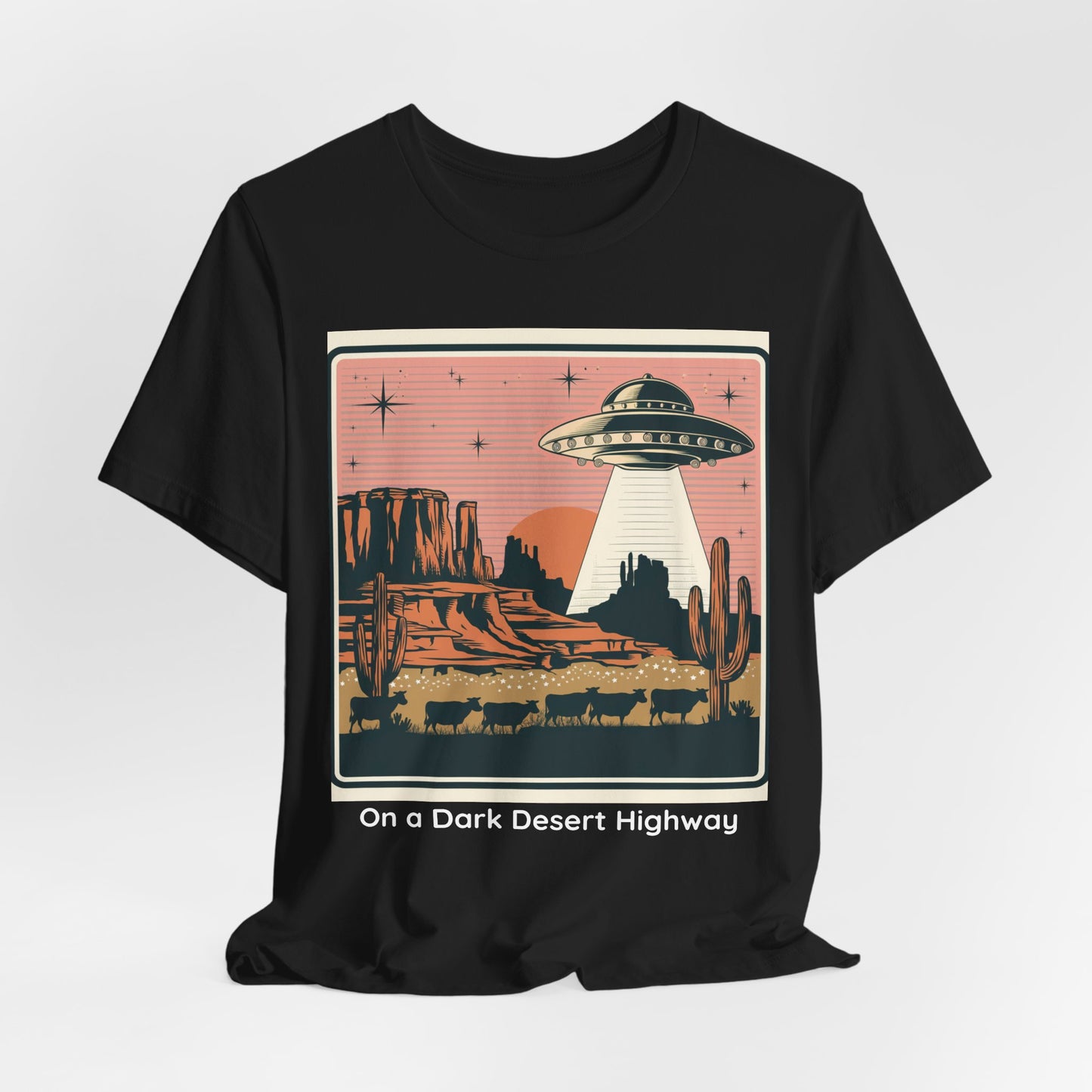 Retro UFO Desert Tee - Unisex Jersey Short Sleeve T-Shirt, Vintage Style Graphic Tee, Gift for Space Lovers, Summer Casual Wear, Music [...]