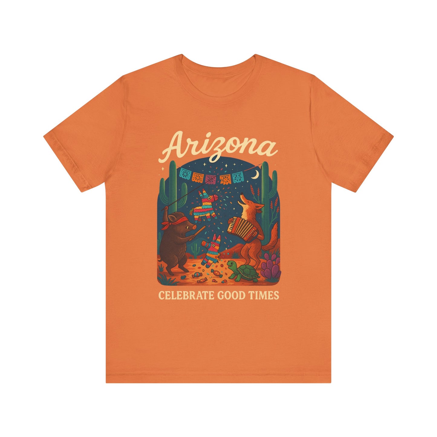 Desert Wildlife T-Shirt – Sonoran Desert Arizona coyote and javelina dancing at Pinata Party, Celebrate Good Times