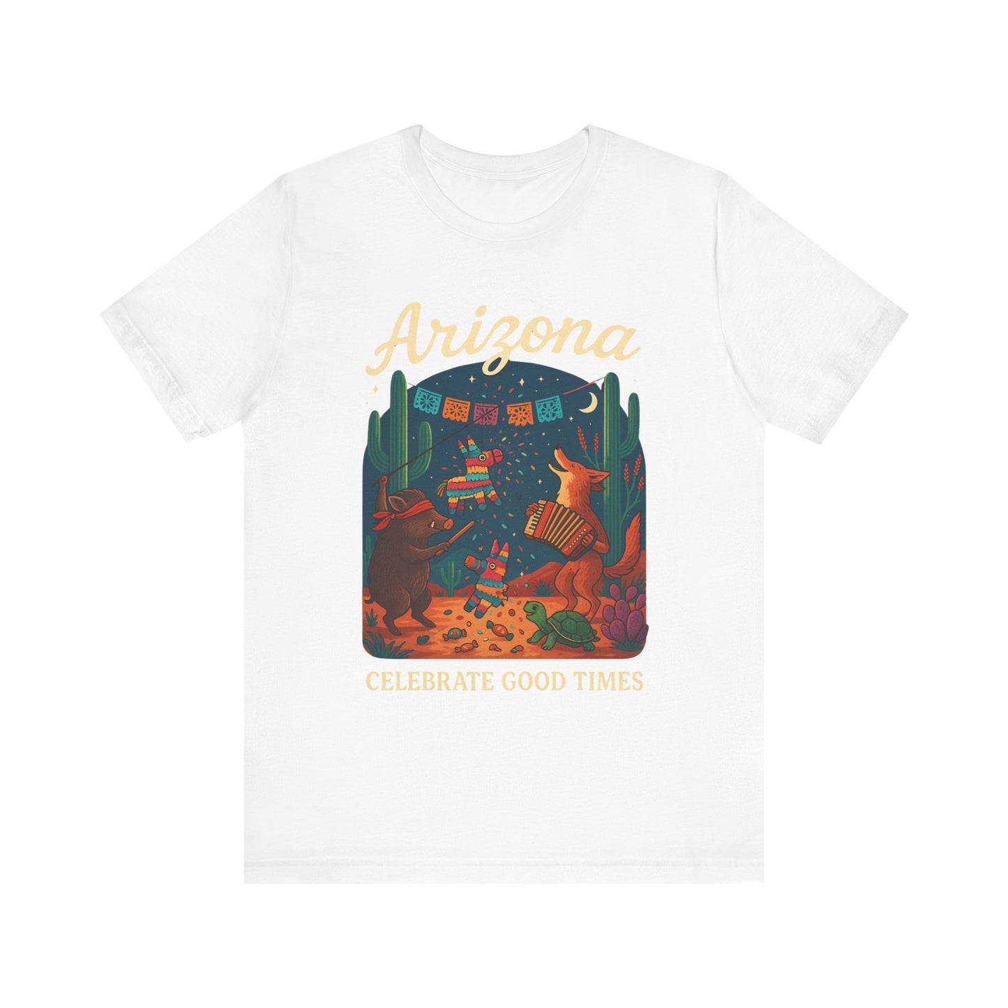 Desert Wildlife T-Shirt – Sonoran Desert Arizona coyote and javelina dancing at Pinata Party, Celebrate Good Times