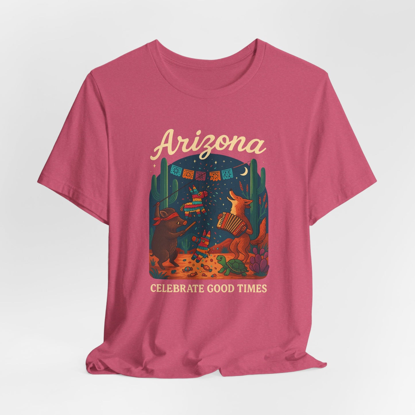 Desert Wildlife T-Shirt – Sonoran Desert Arizona coyote and javelina dancing at Pinata Party, Celebrate Good Times